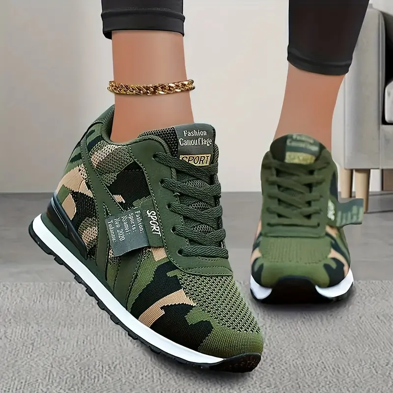 YYT1 Women's Camouflage Pattern Sneakers - Platform Lace-Up Shoes, Soft Sole, Breathable Mesh Trainers - Suitable for Casual and Everyday Wear - Perfect Gift for Fashionable Women