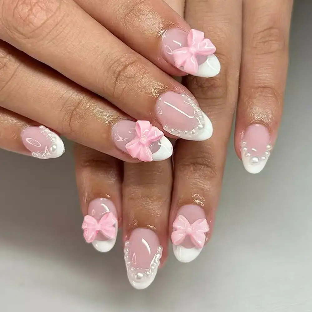 24pcs Short Almond Fake Nails, Decorative Nails, Nude Jelly Base, French Edge, 3D Bow, Pearl Rhinestone Accent, Sweet Wedding Nail Art