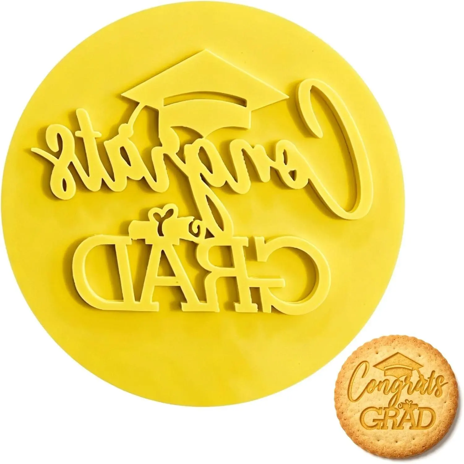 Graduation Fondant Stamp Congrats Grad Cookie Stamp 3D Raised Design Graduation Fondant Embosser for DIY Baking Cake Decorating Cookies Sugar Paste Cupcake Topper 3.15inch Yellow
