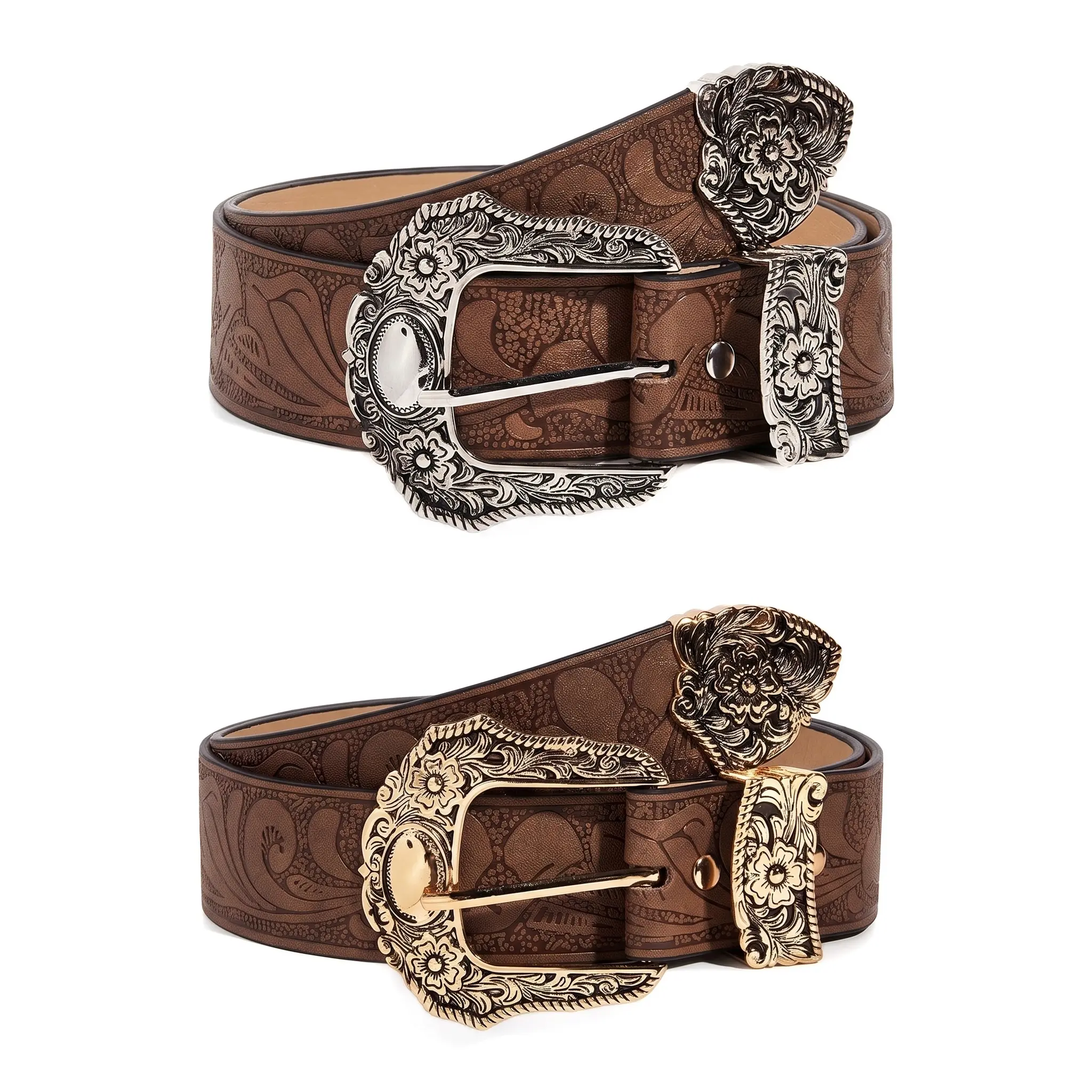 Unisex 3-Piece Brown Faux Leather Belts - Regular Width, Edgy Everyday Waist Cincher, Unique Cutout Holes, Perforated Vintage Carved Detail Buckle, Gold-Silver Alloy Pin Closure, Rugged Look