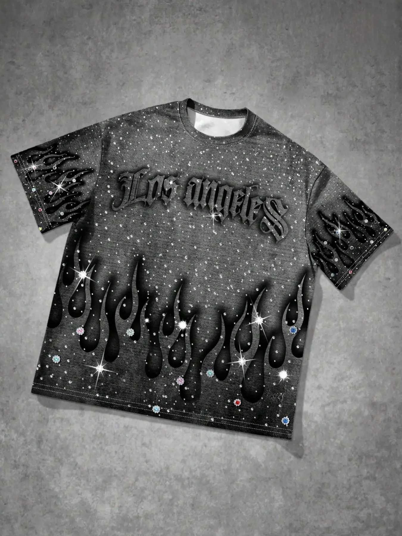 Men's Oversized Rhinestone T-Shirt, Black Vintage Wash Flame Drip Print Short Sleeve Tee with Los Angeles Gothic Letter & Sparkle Rhinestone Accents, Casual Streetwear Hip Hop T-Shirt for Y2K Aesthetic Summer Outfits
