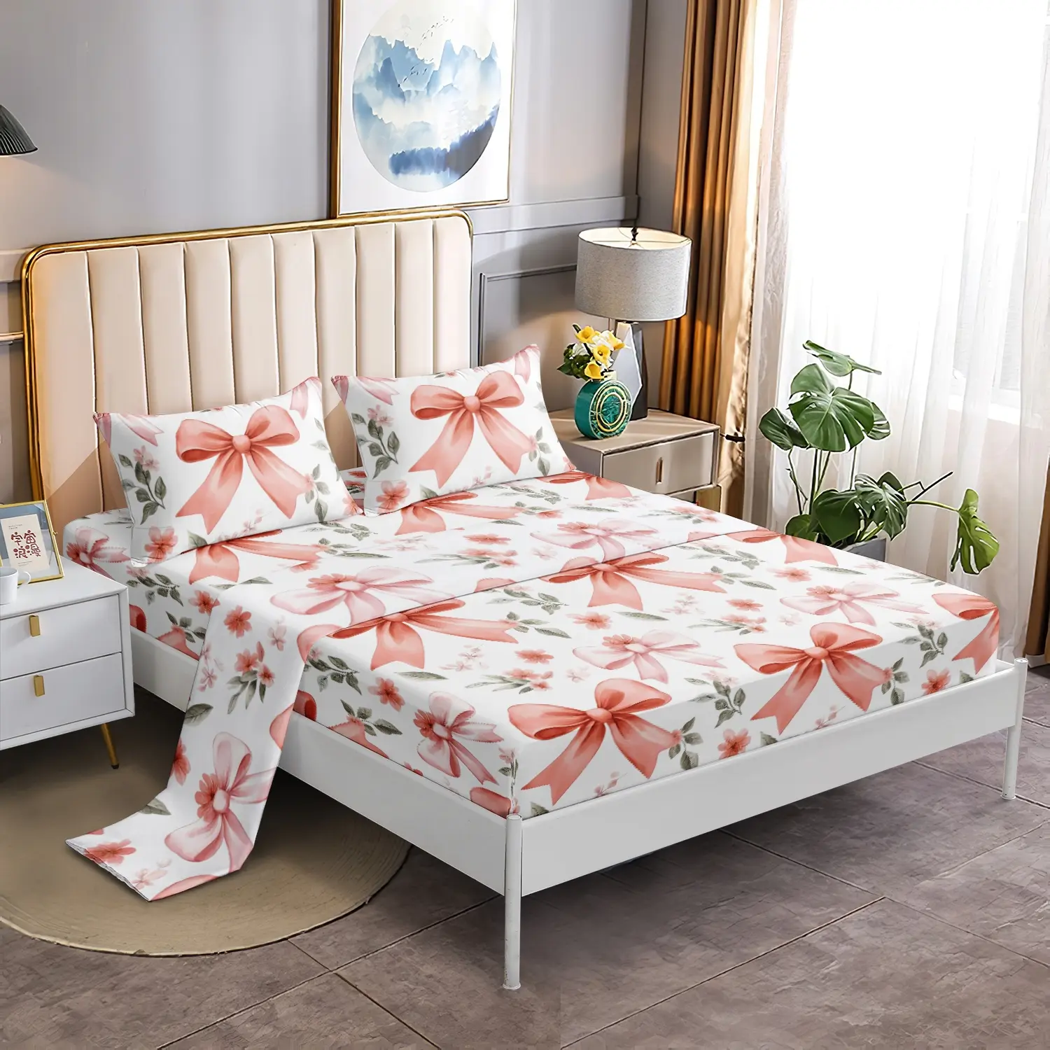 3Pcs Coquette Large Pink Bow Floral Flat Sheet Bedding Set, White Pink Bow and Small Flower Print Flat Sheet Fitted Sheet, Soft Microfiber Sweet Romantic Aesthetic Bedroom Decor (1 Flat Sheet+1 Fitted Sheet+2 Pillowcases)