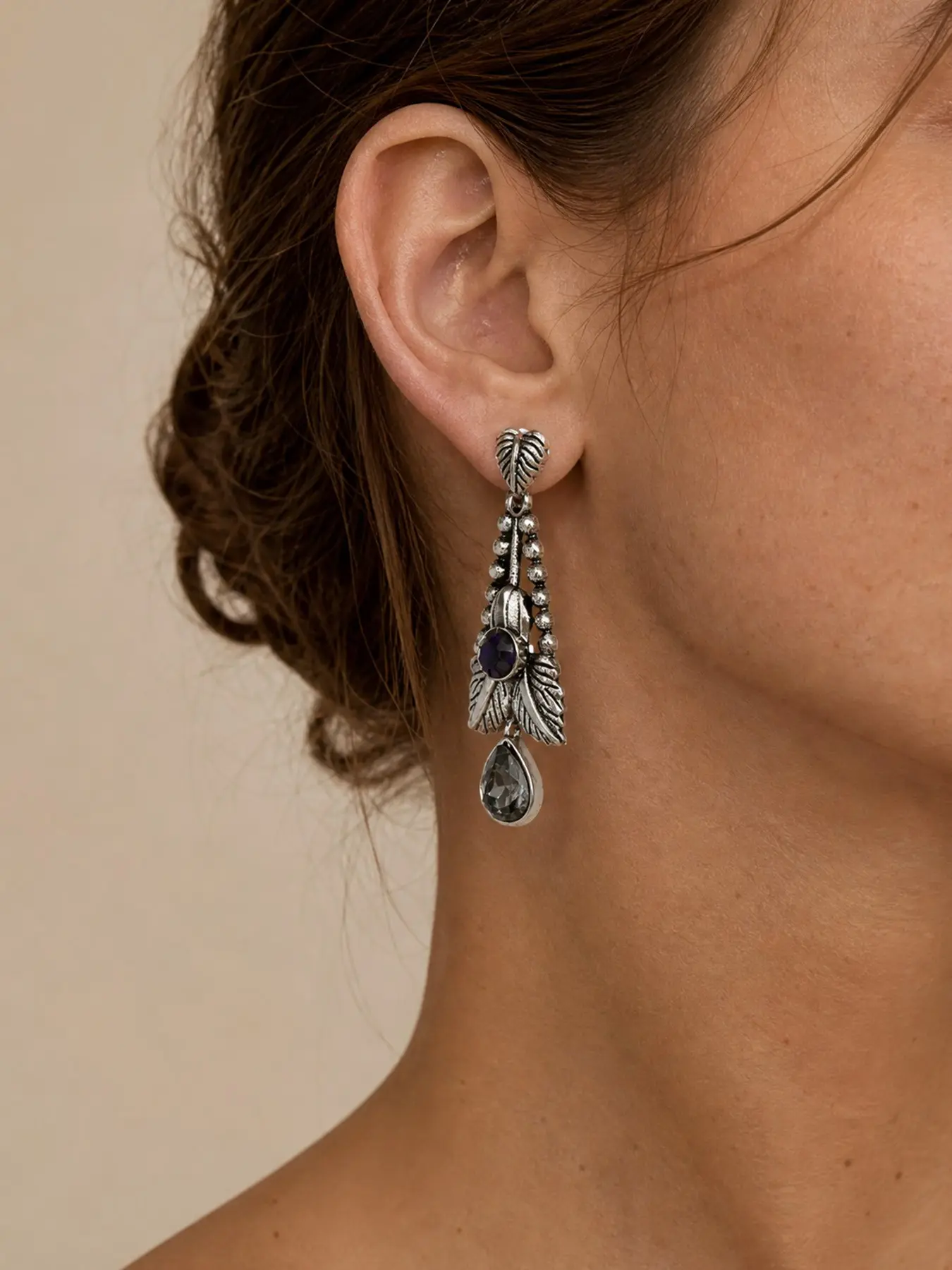 Retro Elegant Leaf Dangle Stud Earrings Antique Silver Tone Nickel Free H65 Brass Carved Leaf Round Purple Rhinestone Teardrop Gray Crystal Bead Chain Tassel For Women Daily Wear Birthday Anniversary Gift For Her