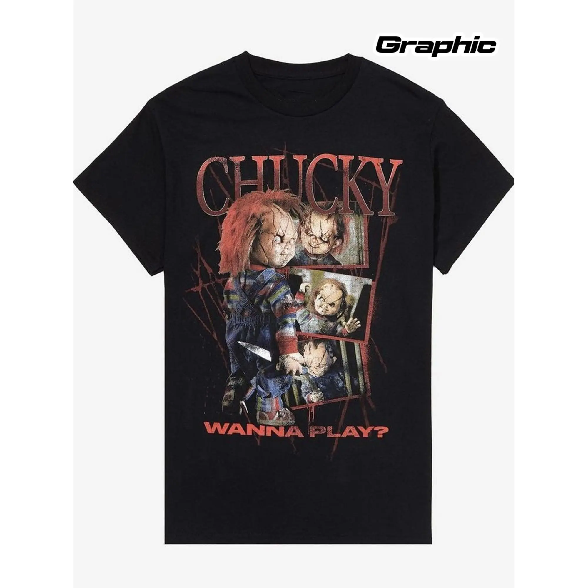 Men's T-shirt made of 230 grams of cotton blend with a graphic from the horror movie "Chucky Wanna Play"