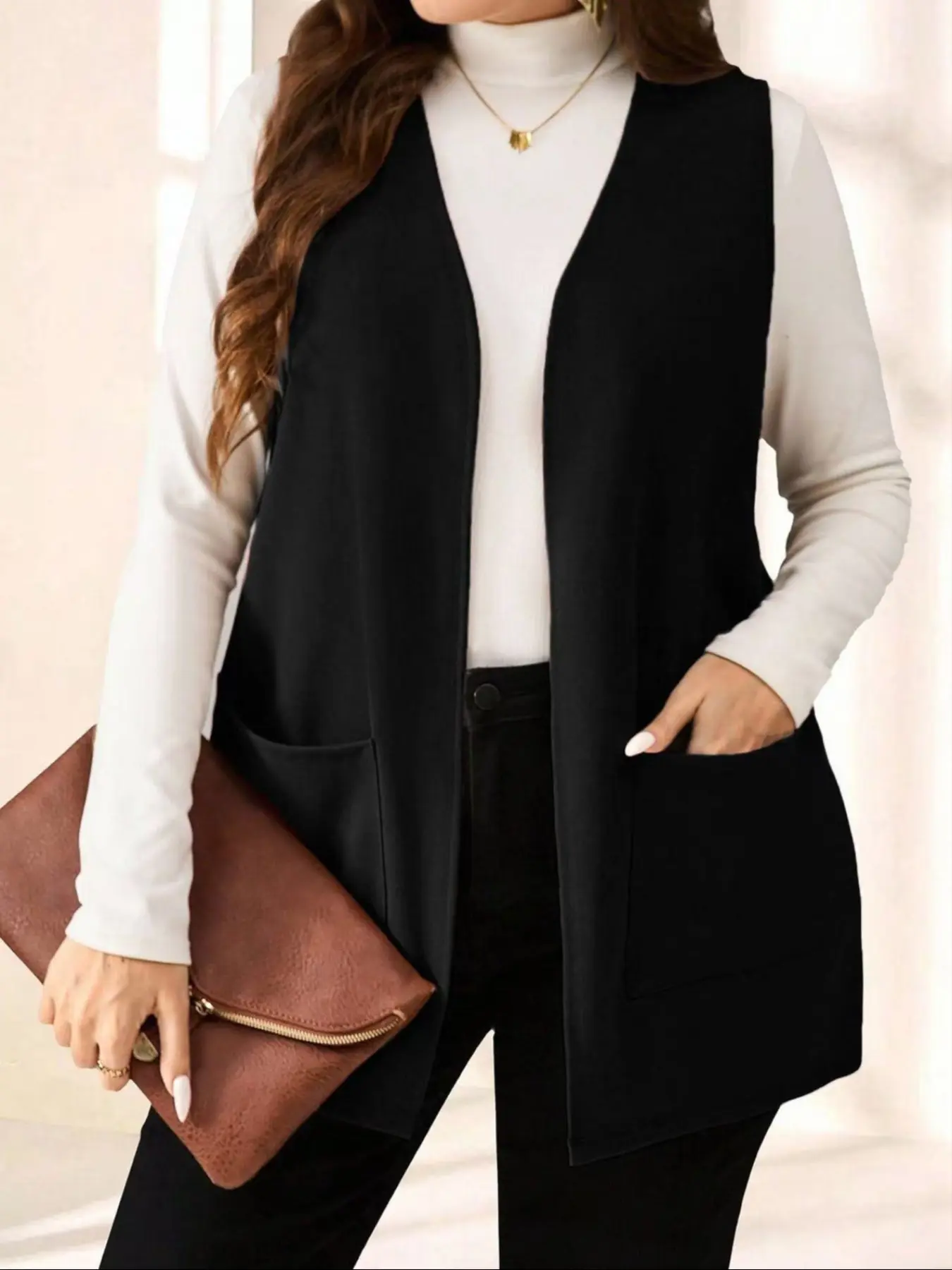 Plus Size Women's Elegant Casual Open Front Cardigan Vest Coat, Fit, Hand Washable, Fall Winter Fashion, Office Party Daily Wear