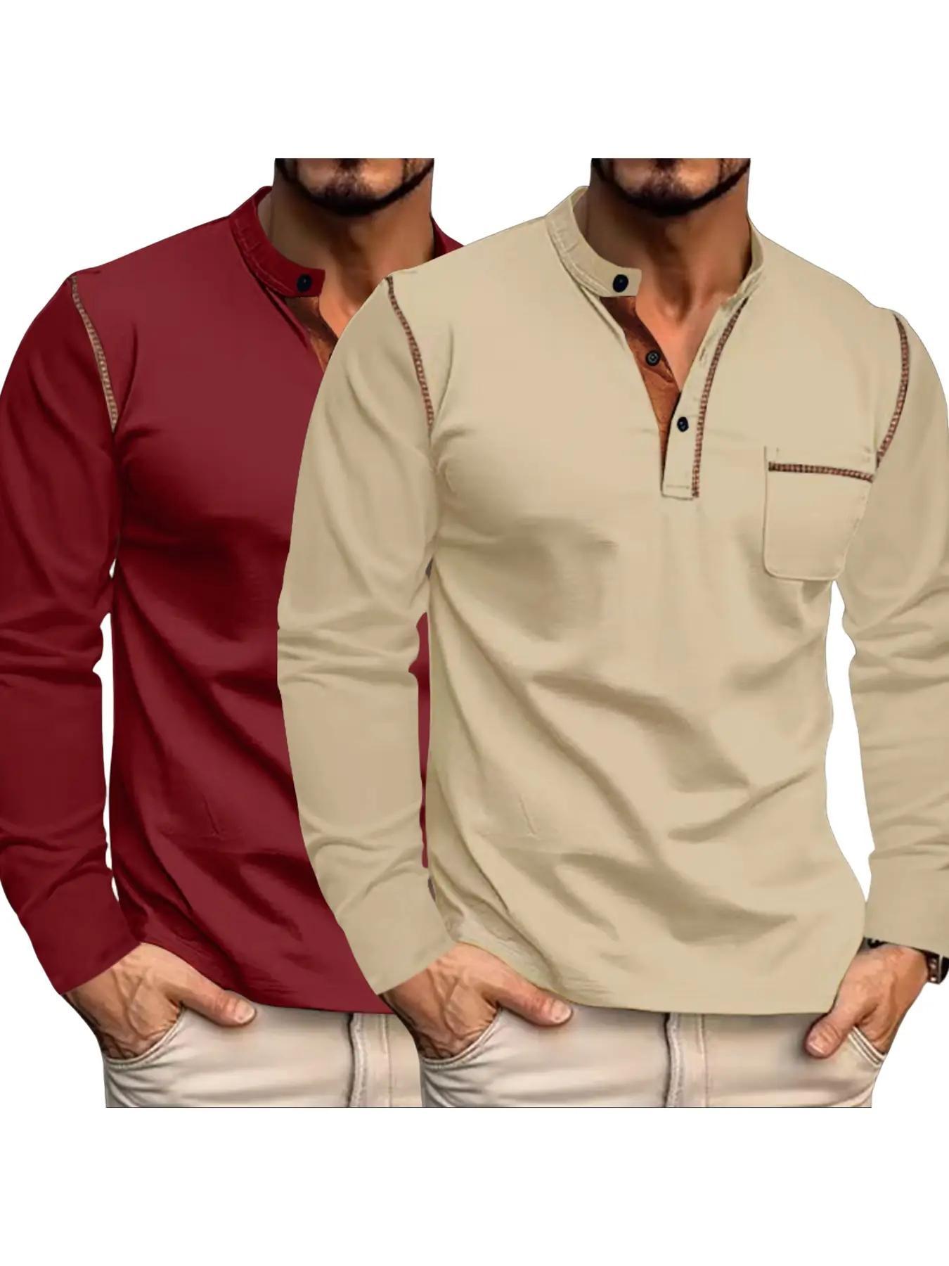 Men's Regular Fit Long Sleeve Pocket T-shirt, Casual Button Front Mock Neck Top for Spring & Fall, Fashion Men's Clothes for Daily Wear