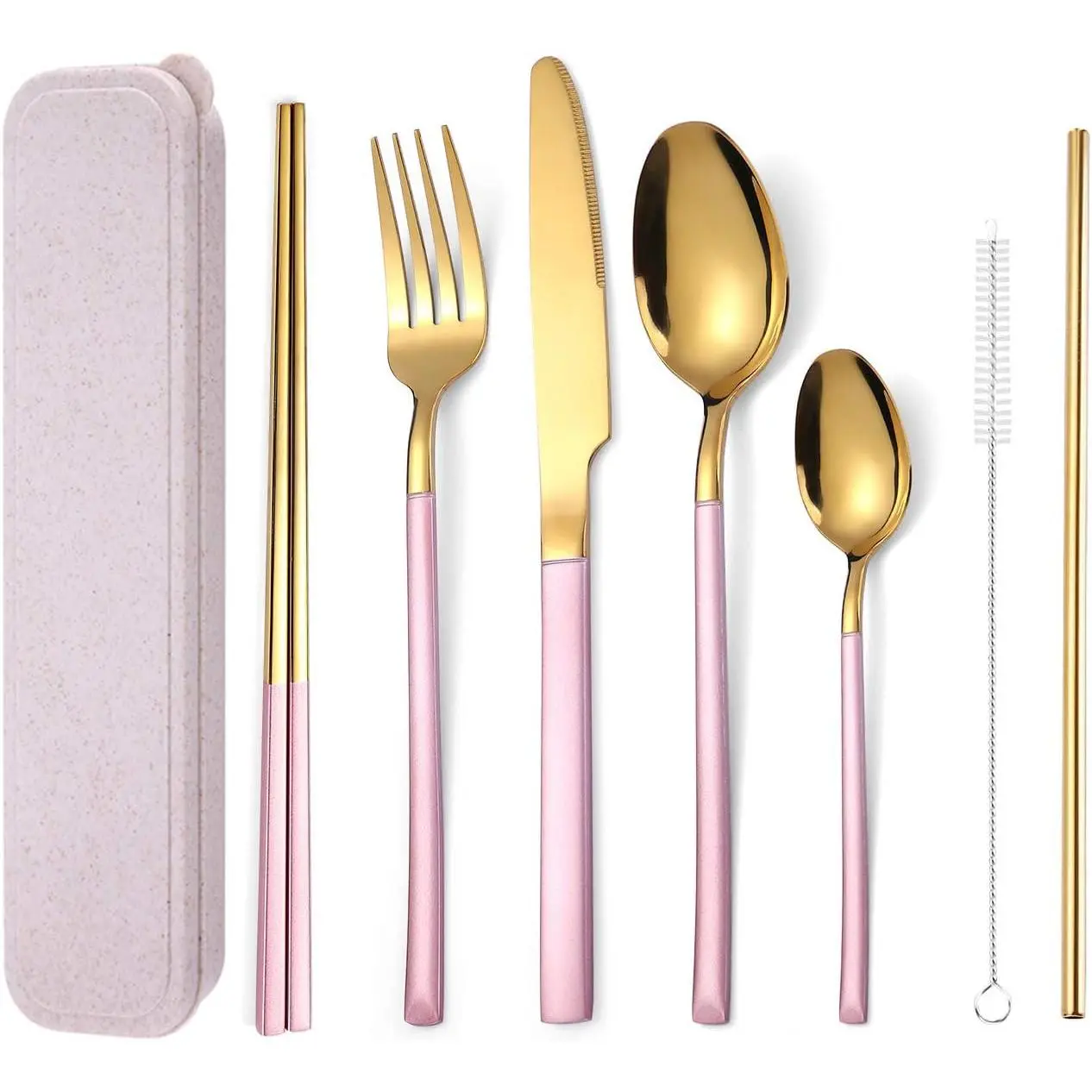 7 count Stainless Steel Flatware Set Portable  Cutlery Set Travel Utensils Set Including Chopsticks  Fork Spoon Straws Cleaning Brush Dishwasher Safe ( Golden)