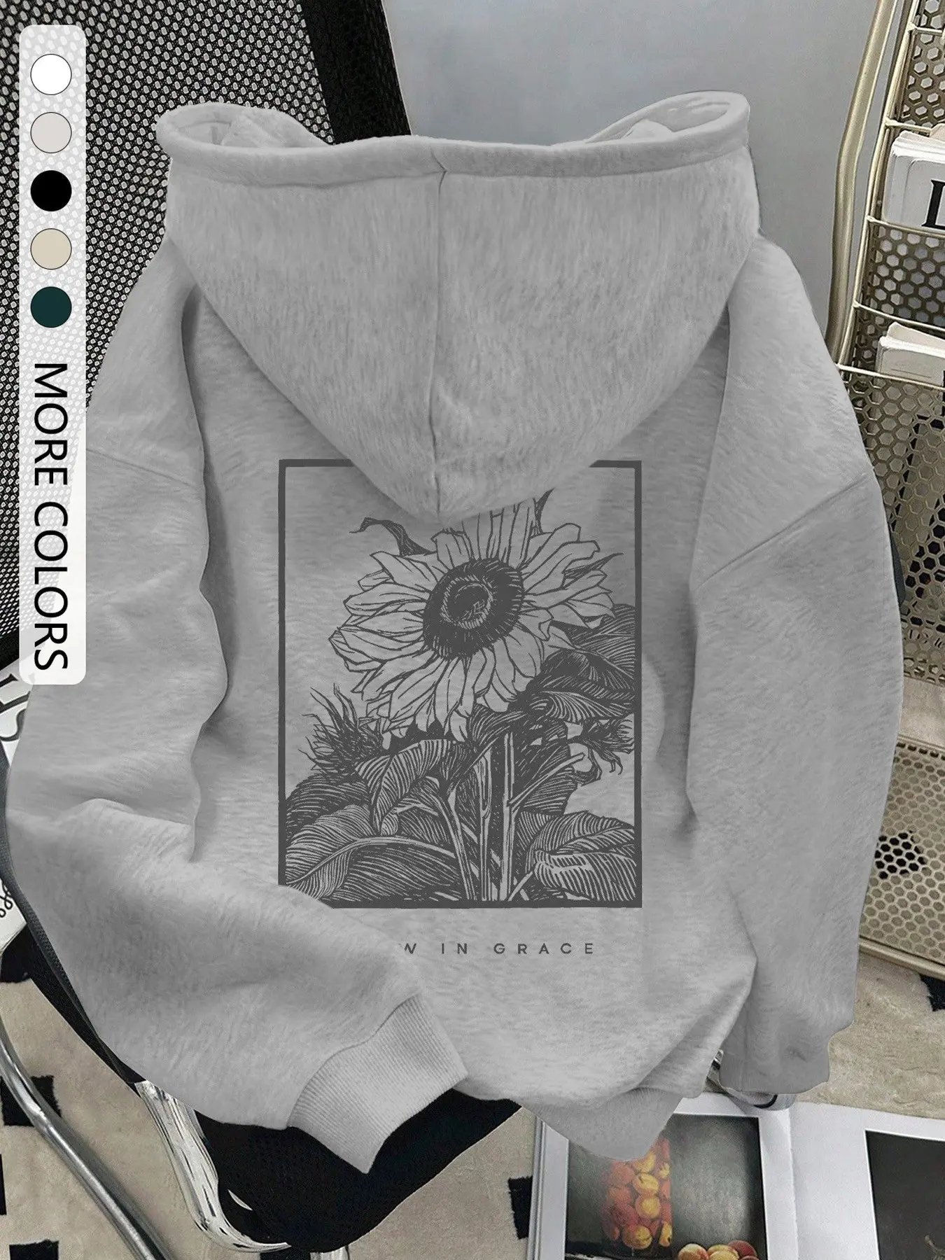 Women’s Sunflower Print Hoodie with Drop Shoulder and Drawstring Pockets, Casual Loose-Fitting All-Season Sweatshirt for Autumn Winter, Trendy and Comfortable