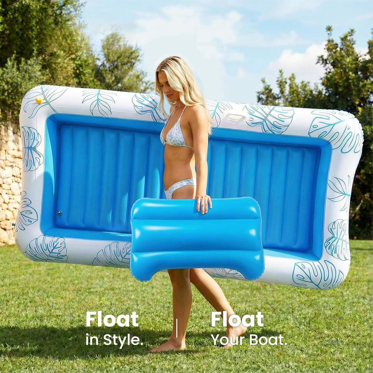 83'' x 50'' Inflatable Tanning Bed Pool Lounger, 2-in-1 Tanning Floating Rafts for Adults, Beach Backyard Personal Sunbathing Pool with Cup Holder, Ice Tray and Sprinkler (330lbs Capacity)