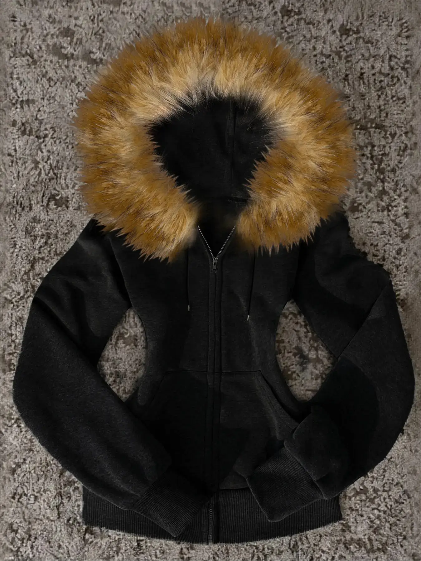 Women Y2K Faux Fur Big Collar Zip Up Hoodie, Slim Waist Cinched Bodycon, Oversized Fleece Hooded Jacket, Casual Loose-Fitting All Seasons