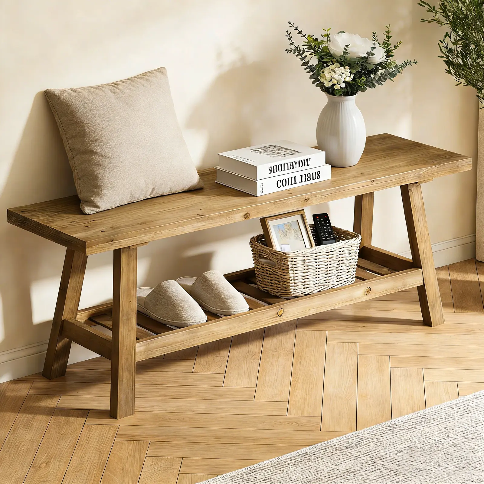 Nokaa 43-Inch Farmhouse Solid Wood Storage Bench, 2-Tier Entryway Bench with Open Shelf, Narrow Rustic Wooden Shoe Bench for Hallway, Living Room, Bedroom, Kitchen, Dining Room, Gray Finish, 300lb Capacity
