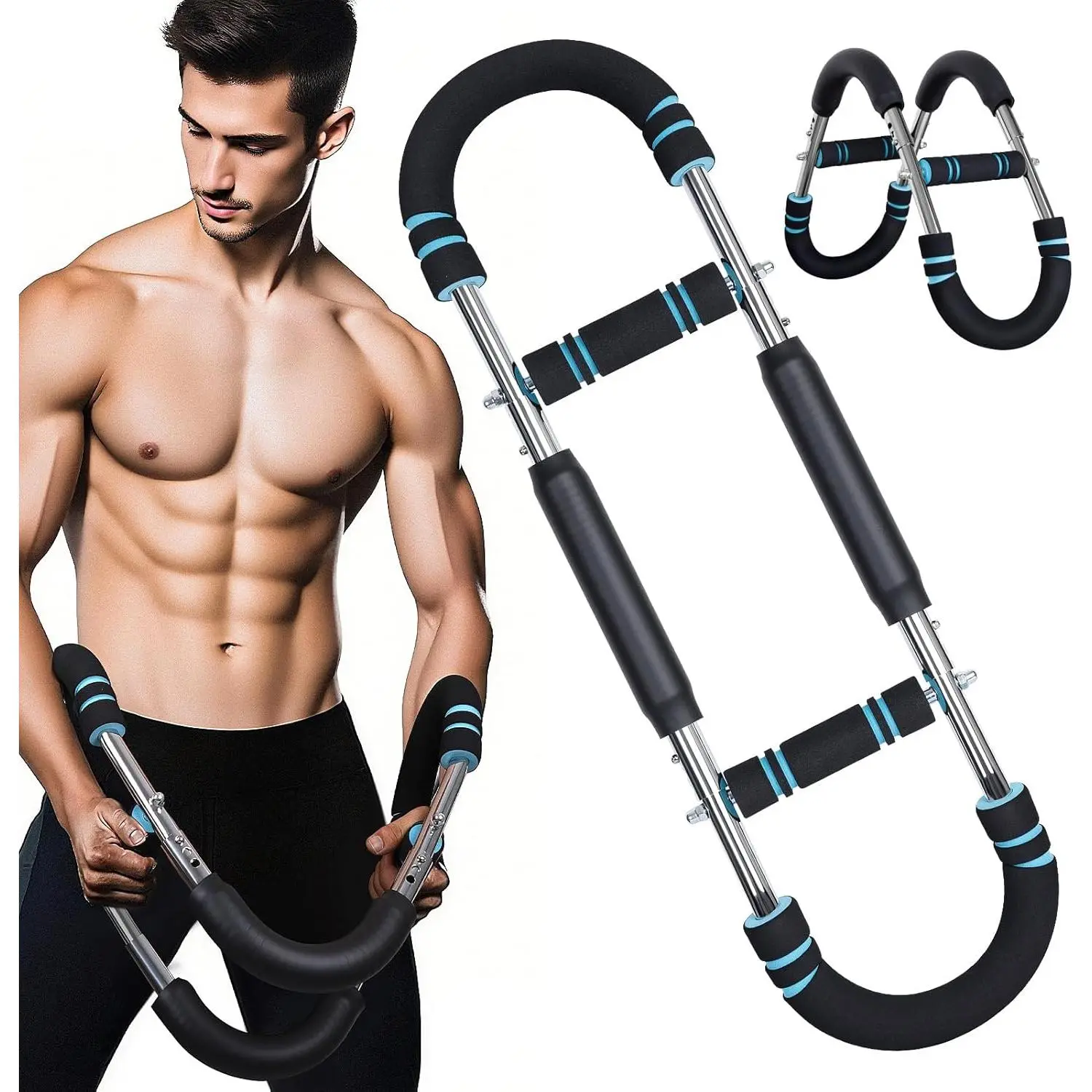Twister Arm Trainer, 60-100lb Adjustable Chest & Arm Workout Tool, Compact Twister Arm Strengthener, Portable Power Twister Bar with Snap - Together Detachable Design  ness Anywhere(Blue)