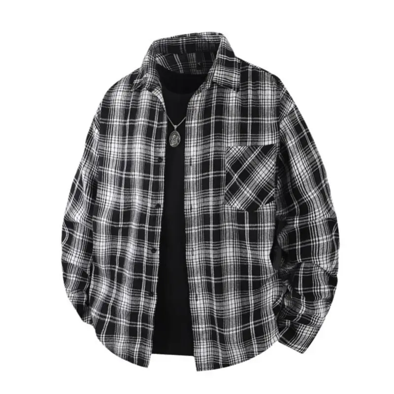 Men's Vintage Plaid Lapel Long Sleeve Shirt, Drop Shoulder Check Blouse With Chest Pocket, Soft Breathable Outerwear For Spring And Autumn Daily Commute, Street And Camping Outfits