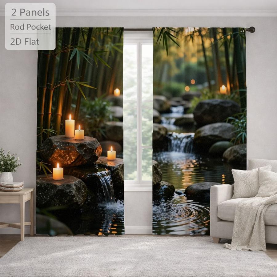 2Pcs Zen Garden Candles River Waterfall Pattern Sun Blocking Curtains Digital Printed Rod Pocket, Window Treatment For Bedroom Office Kitchen Living Room Study Home Decor