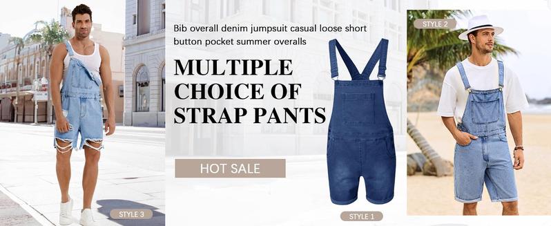 PASLTER Mens Denim Shorts Bib Overall Jean Romper Casual Loose Fit Walkshort Button Pockets Summer Jumpersuit Fashion Menswear