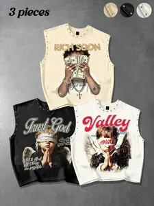 Three-piece trendy brand vest, loose Valley Angel boy graphic printed men's vest, rich soon dollar bill Jesus God slogan prayer personalized street style short vest for women heavy sleeveless T-shirt metal rivets retro cartoon angel men's vest