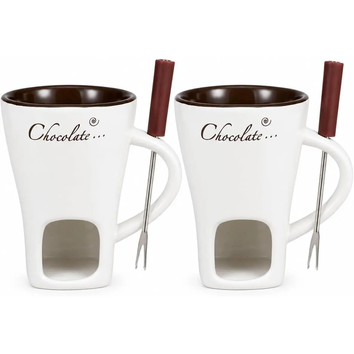 2-Pack Ceramic Fondue Mugs with 2 Forks, Personal Melt Mugs for Chocolate & Cheese Melting, Mini Tea Light Fondue Pot Set Ideal for Date Night, Parties and Wedding Gifting