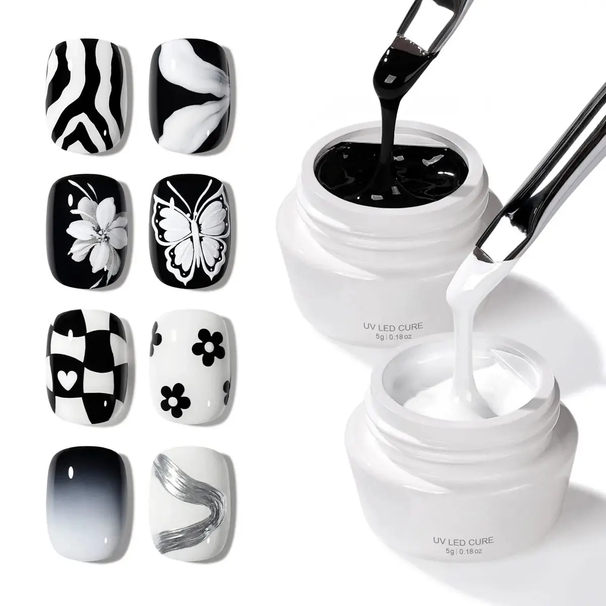 Black & White No Wipe Painting Gel Polish Creamy Liner Gel for Nail Art Lines Floral French Patterns UV Cure Salon Home DIY Manicure #NailPaintingGel #BlackWhiteNailGel #NoWipeLinerGel #NailArtLines #FrenchTipNails #NailTechSupplies