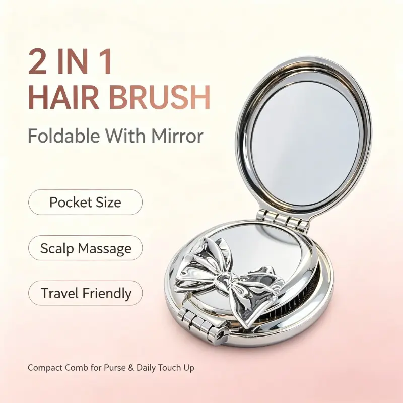 Foldable Bow Decor Hair Grooming Brush with Mirror, 2-In-1 Pocket Size Travel Massage Comb, Portable Mini Hair Comb for Women, Ideal for Outdoor Use