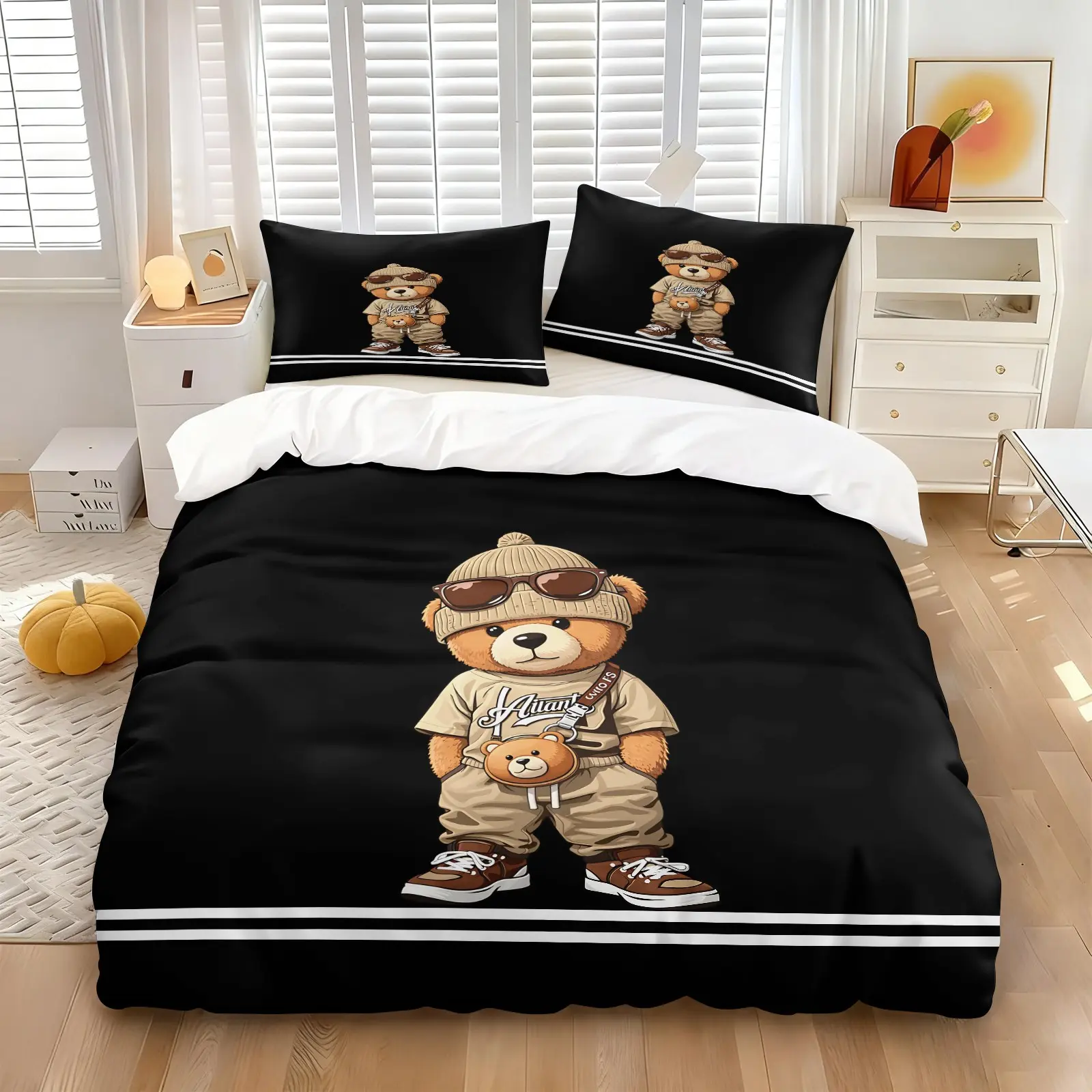 Cool Teddy Bear Bedding Three-Piece Set (Without Core), Comfy Bedding Sets, Skin-Friendly And Breathable Material For All Seasons, Suitable For Students And Young Office Workers, Perfect For Bedrooms, Rental Renovations And Dormitories