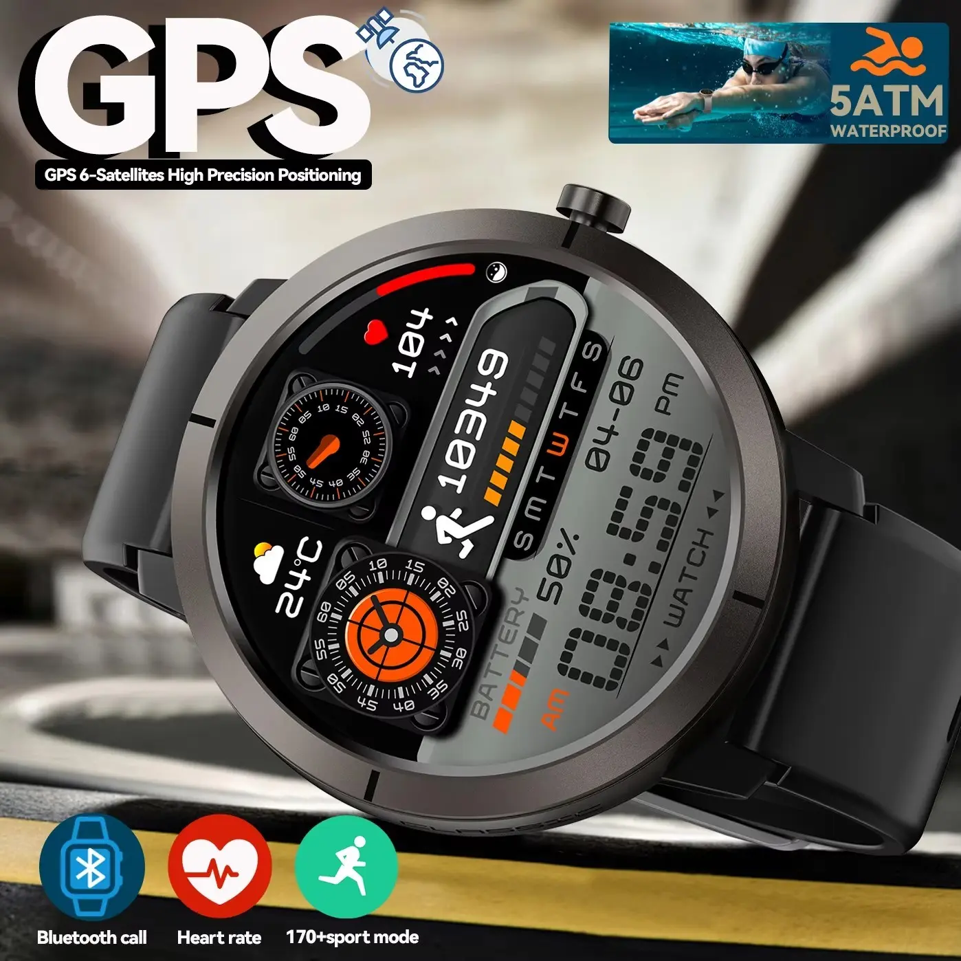 Smart Watch 1.32 Inch AMOLED GPS Supports GLONASS BDS Galileo NAVIC QZSS Barometer Compass Altitude Men Outdoor Smartwatch