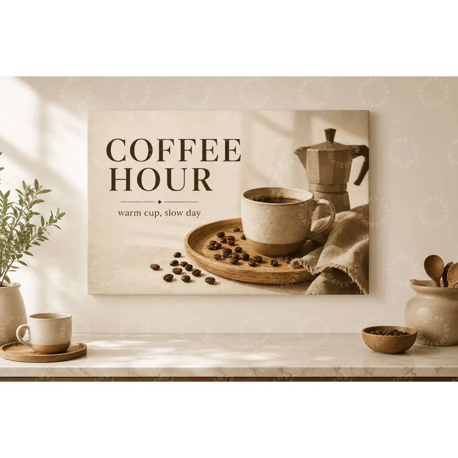 Coffee Hour Neutral Kitchen Canvas Poster, Rustic Coffee Cup Wall Art, Warm Beige Coffee Bar Decor, Aesthetic Poster for Dining Room, Living Room Decor, Office Wall Art, Coffee Lover Gift