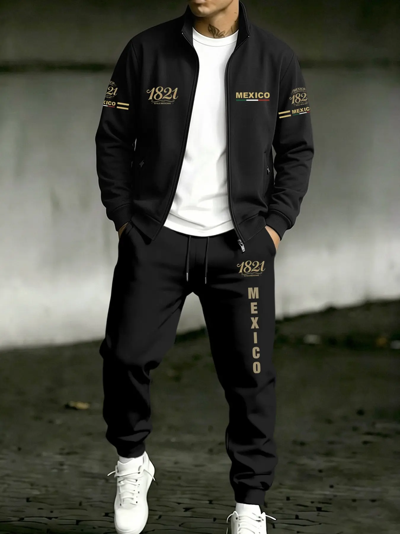 Men's Fall Winter Zipper Long Sleeve Jacket Hoodie + Drawstring Waist Pants Set, Outfit, Mexico Print Letter Design, Casual Loose Fit, Ideal for Daily Wear & Outdoor Activities