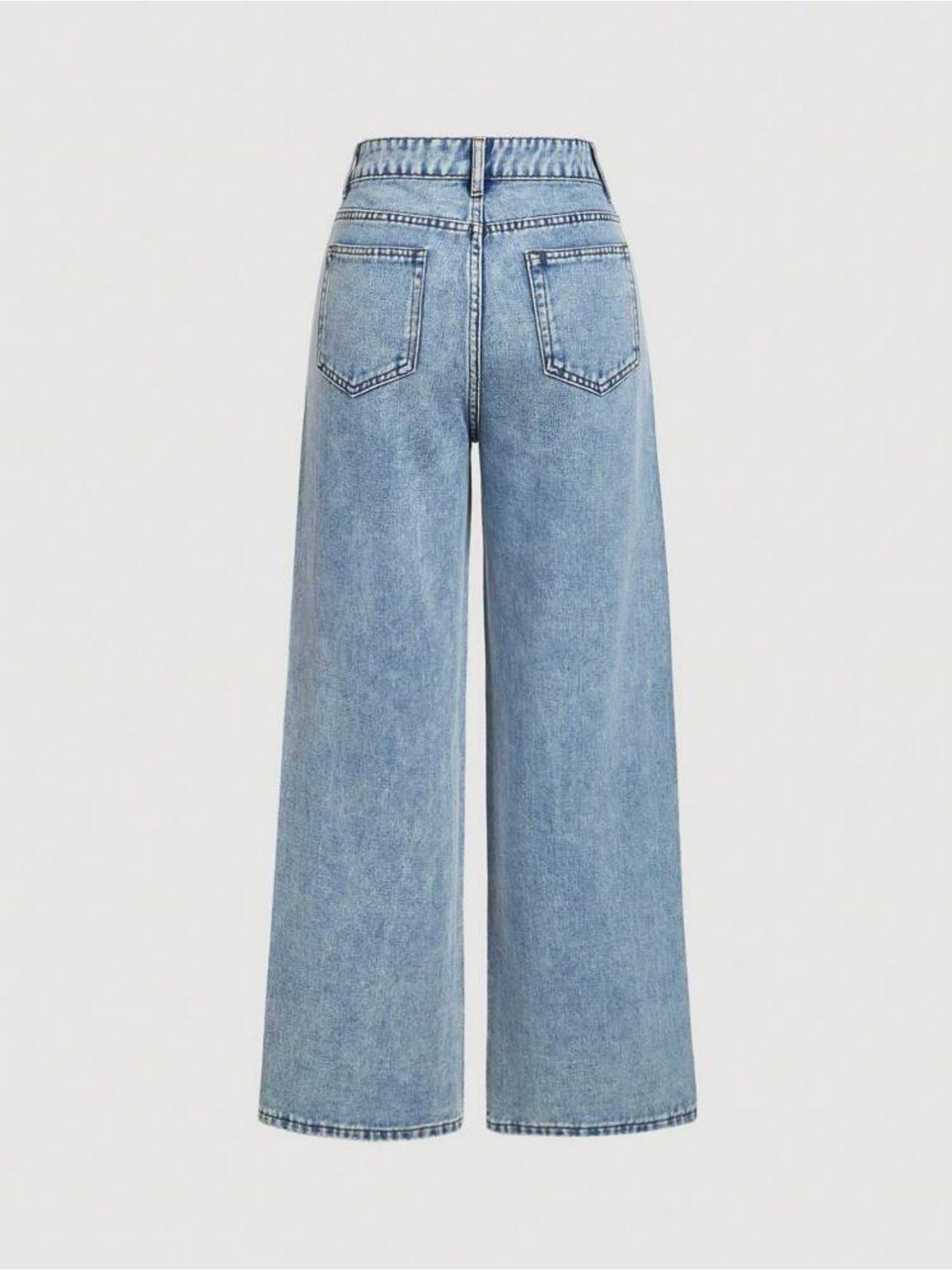 Women's Elegant High-Waisted Wide-Leg Denim Jeans, with Rhinestone Embellished, All-Season Fitted Woven Fabric Fashion Pants, Style