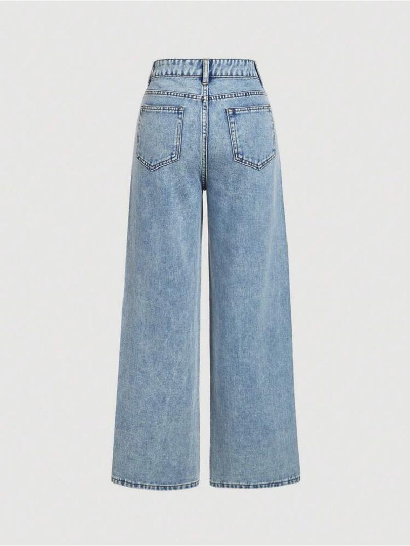 Women's Elegant High-Waisted Wide-Leg Jeans, with Rhinestone Embellished, All-Season Fitted Woven Fabric Fashion Pants