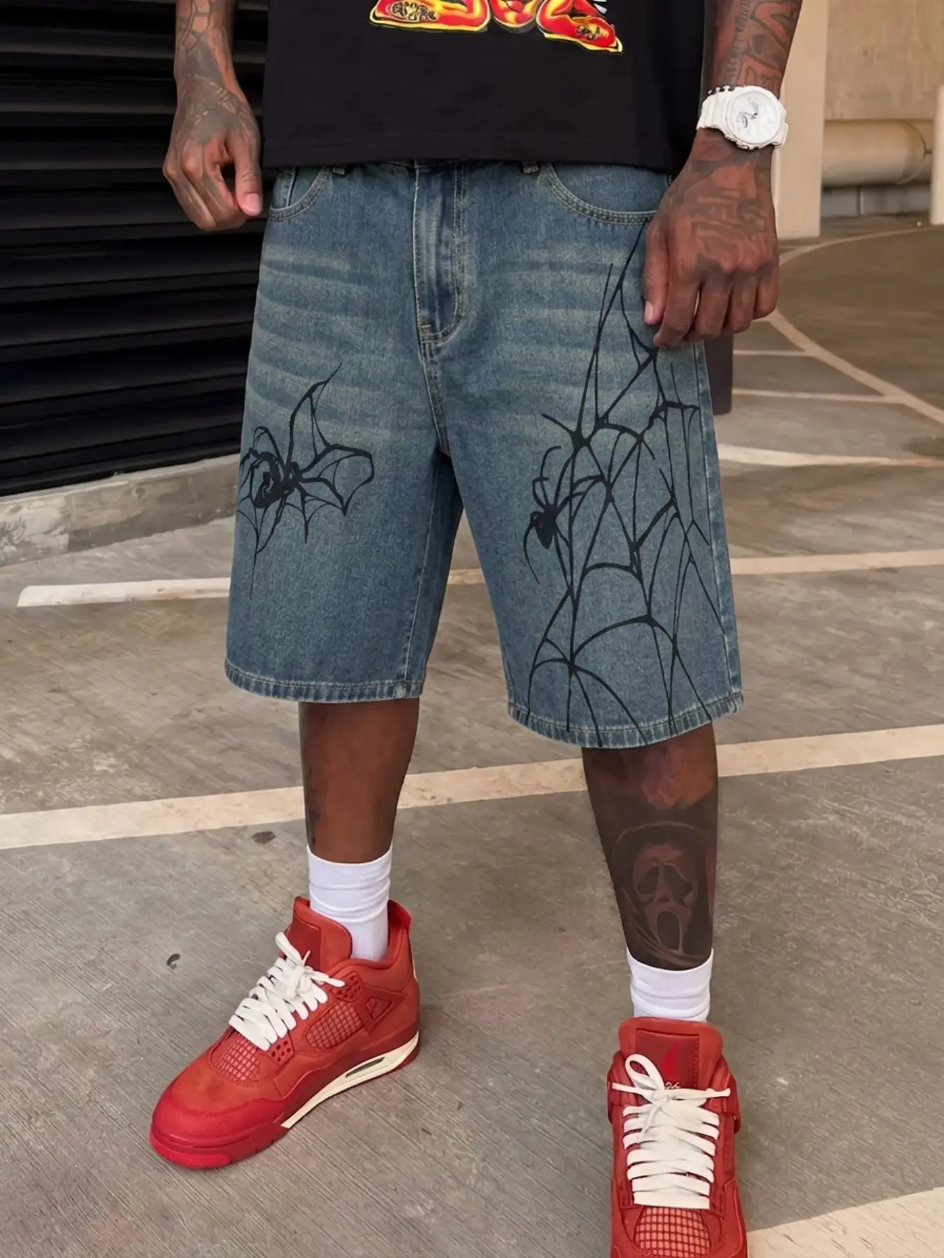 Men's Loose-Fit Straight Leg Denim Shorts, Vintage Wash Spider Web Pattern, Unisex Casual Pants for Daily Commute and Leisure