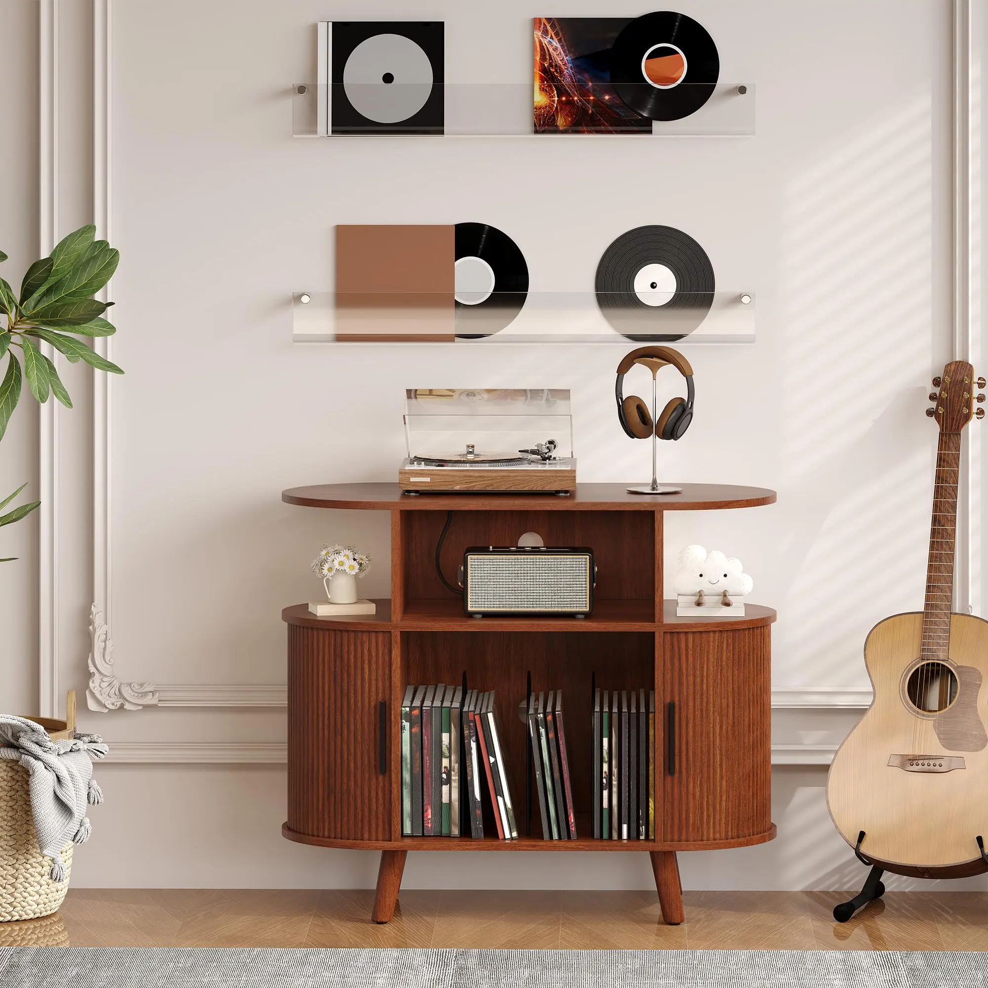 Vintage Wooden & Metal Record Player Stand - 35in Turntable Cabinet with Vinyl Record Holder, Organizer, Charging Station, Display Shelf, Arched Front, Fluted Panels, Metal Legs, Tool-Free Indoor Furniture (Holds 300 Albums)
