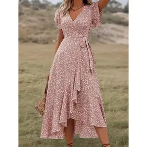 Casual Floral Print High Low Wrap Dress