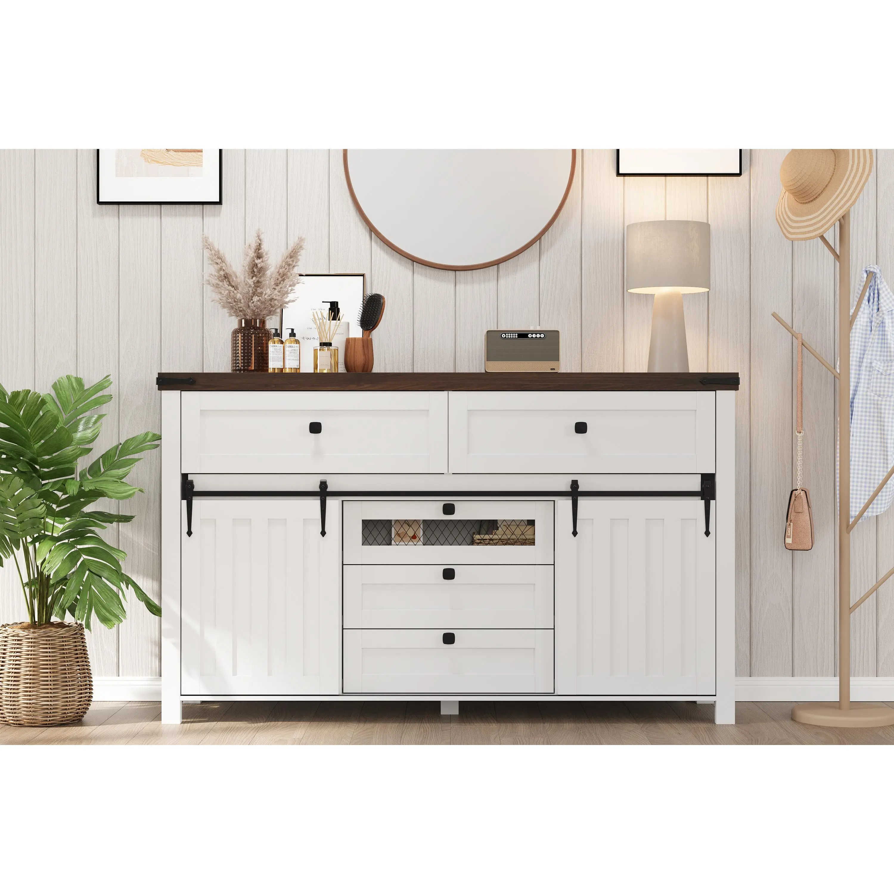 Farmhouse Buffet Cabinet with 5 Drawers – Sliding Barn Doors – Adjustable Shelf – Multifunctional Sideboard
