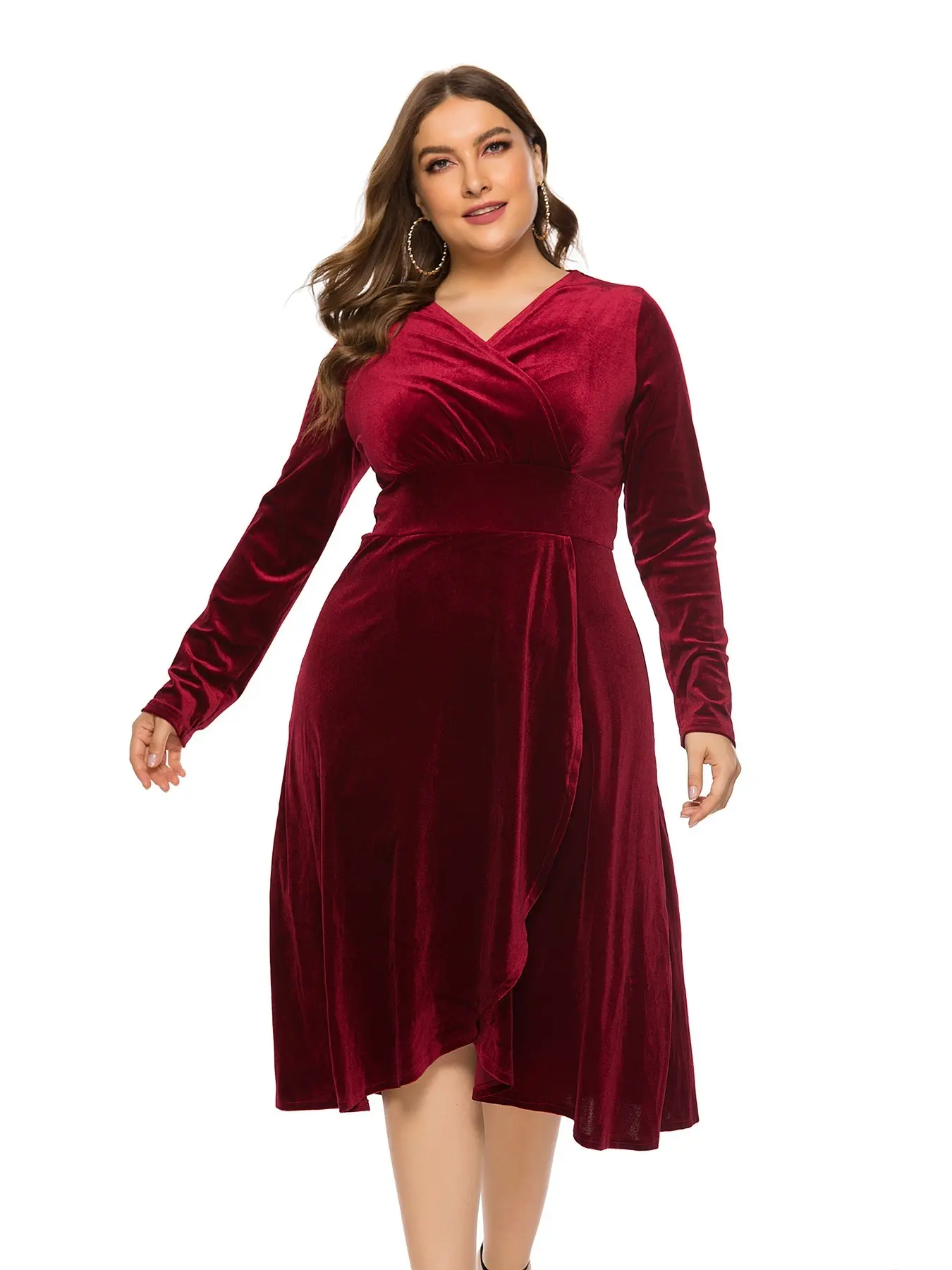 2026 Plus Size Women Long Sleeve V Neck Velvet Elegant Chic Dress Evening Gown for Spring Autumn Party Occasion New Collection