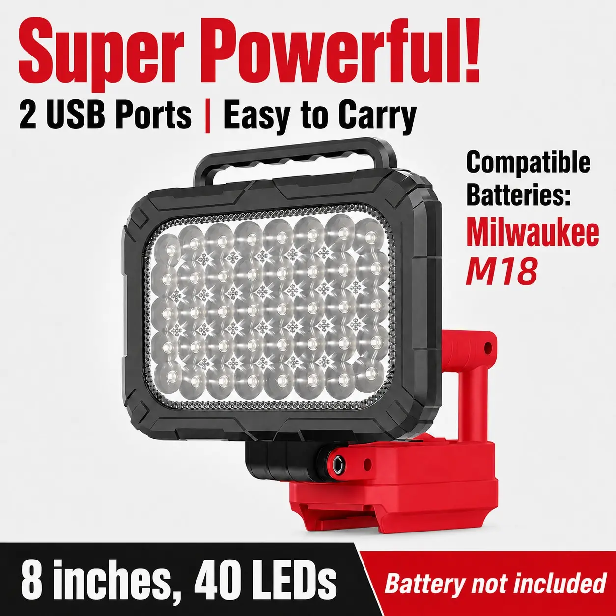 Wireless LED Work Light for Milwaukee 18v Battery, 20w Wide Beam Flood Light, Dual USB Charging Ports, Ideal for Emergency, Workshop, Garage