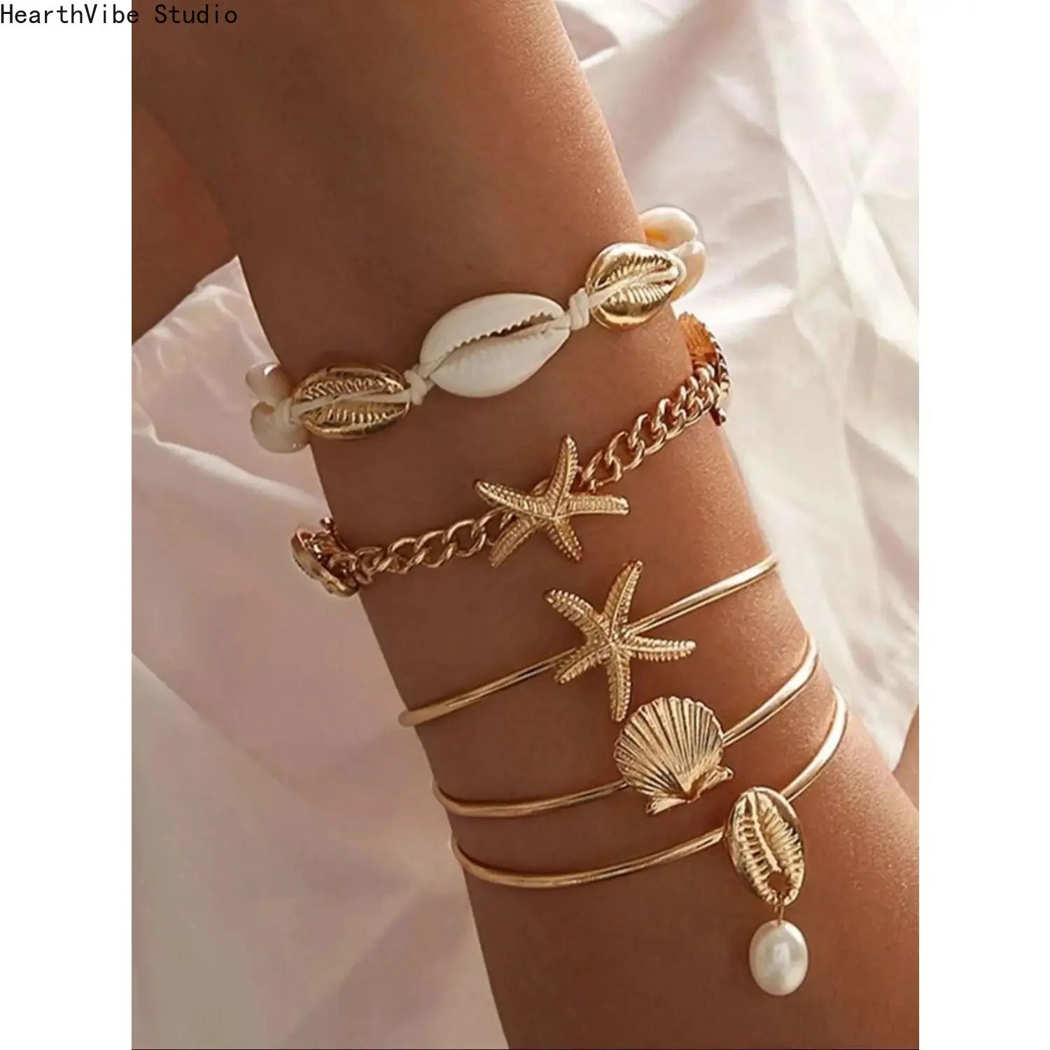 Women's Ethnic Fashion Unisex Beach Wristband Set, Boho Layered Stackable Beaded Bangles with Starfish-Shell Charms, Chic Sports Outdoor Accessory, Bracelet Set, One Size