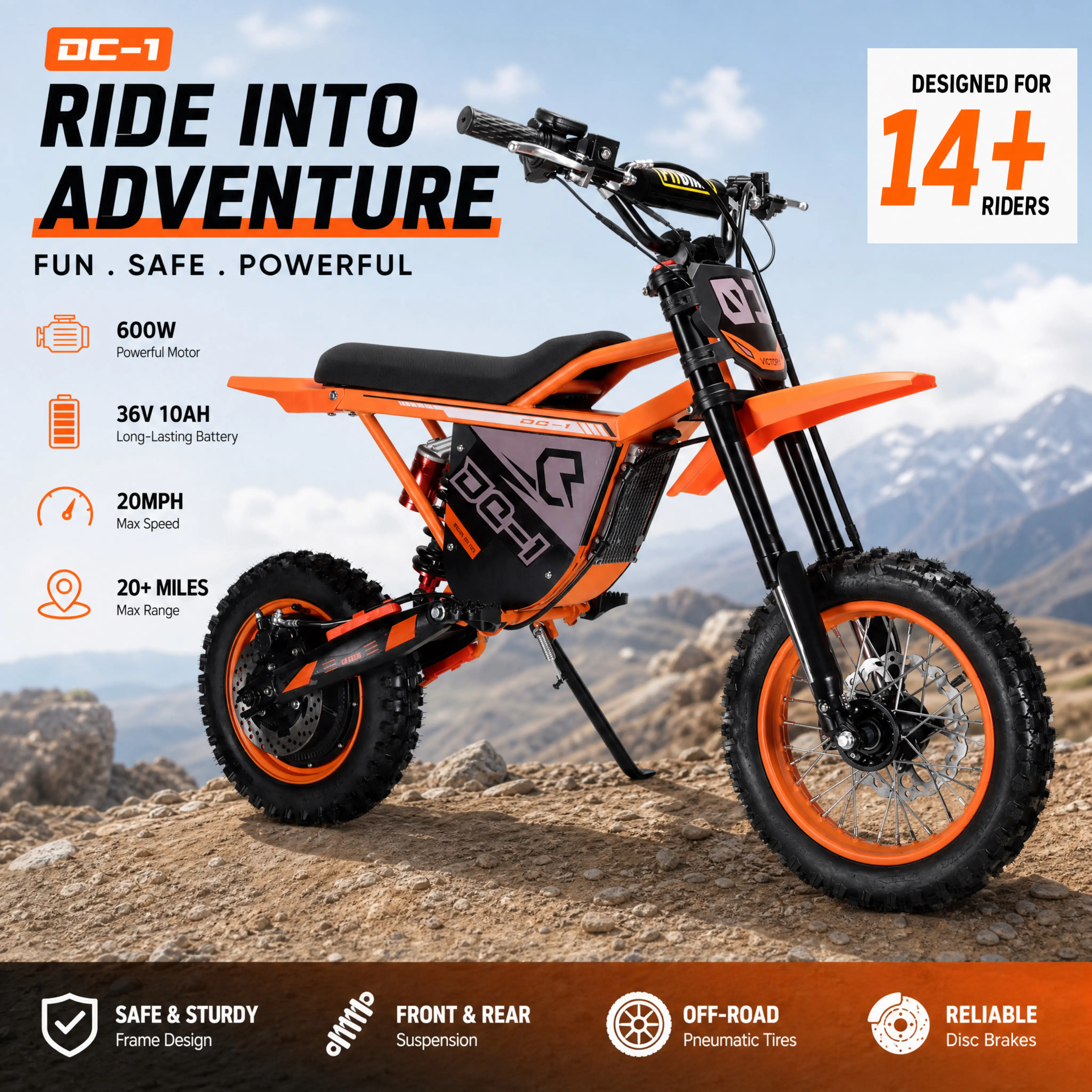 DG-1 48V 1000W High-Torque Electric Off-Road Ride-On Toy Motorcycle, 48V 20Ah Rechargeable Battery, 2000W Peak Power, Aluminum Hydraulic Fork, Double Hydraulic Suspension, Disc Brakes, LCD Display, for 14+ Teens & Adults, Backyard Fun