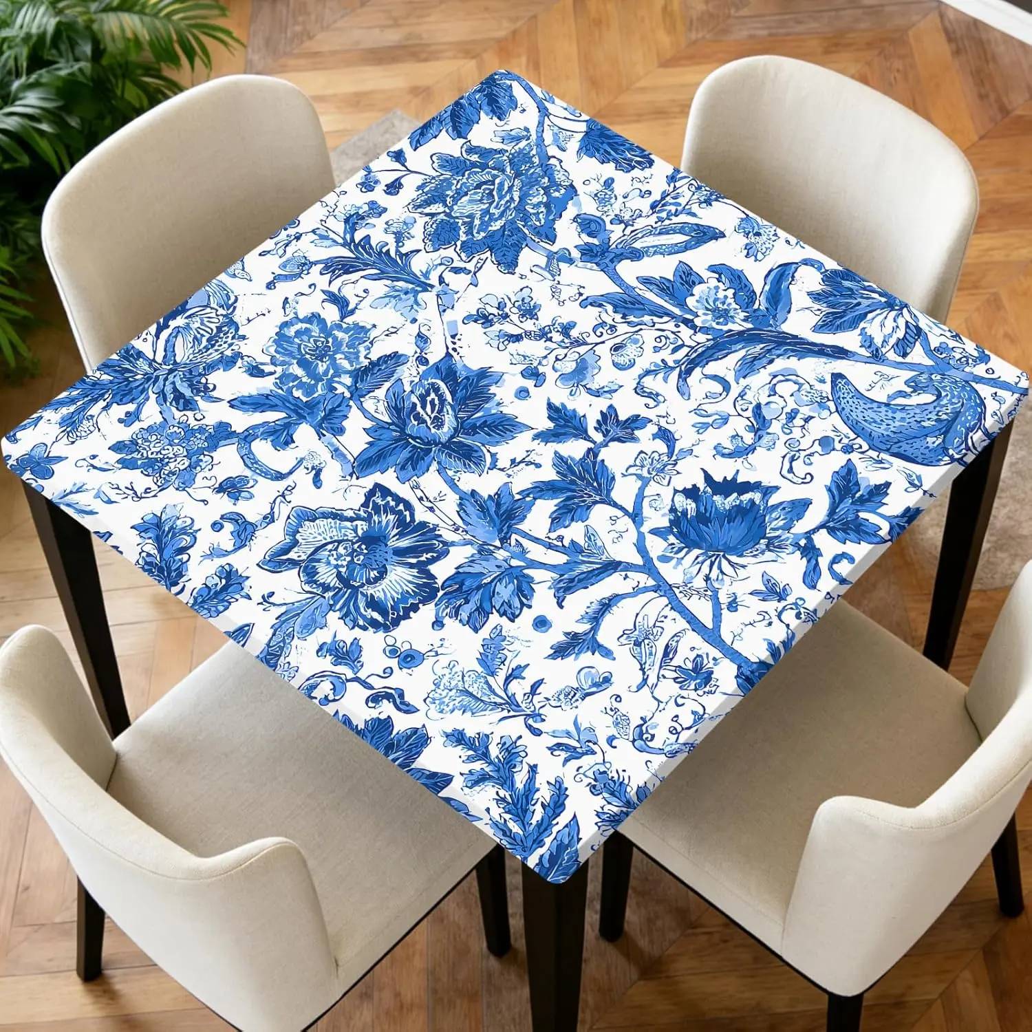 34" Size Flat-Fit Polyester Tablecover, Square Elastic-Edge Fitted Tablecloth, Waterproof Stain-Resistant Wipeable for Kitchen Dining Outdoor Party (Blue Flowers), Polyester Clothes