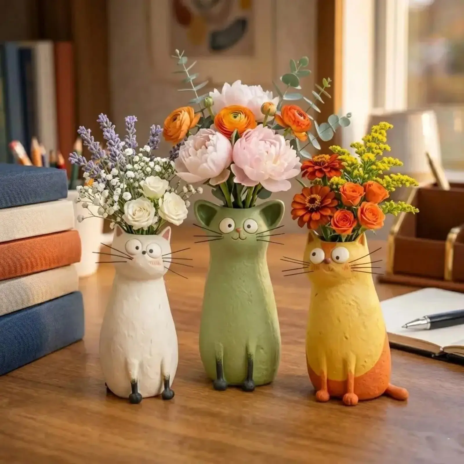 Quirky Cat Vase – Whimsical Kitty Resin Planter for Small Flowers, 7.5” Desk & Shelf Decor, Cute Cat-Shaped Bud Vase, Funny Gift for Cat Lovers, Boho Home Accent