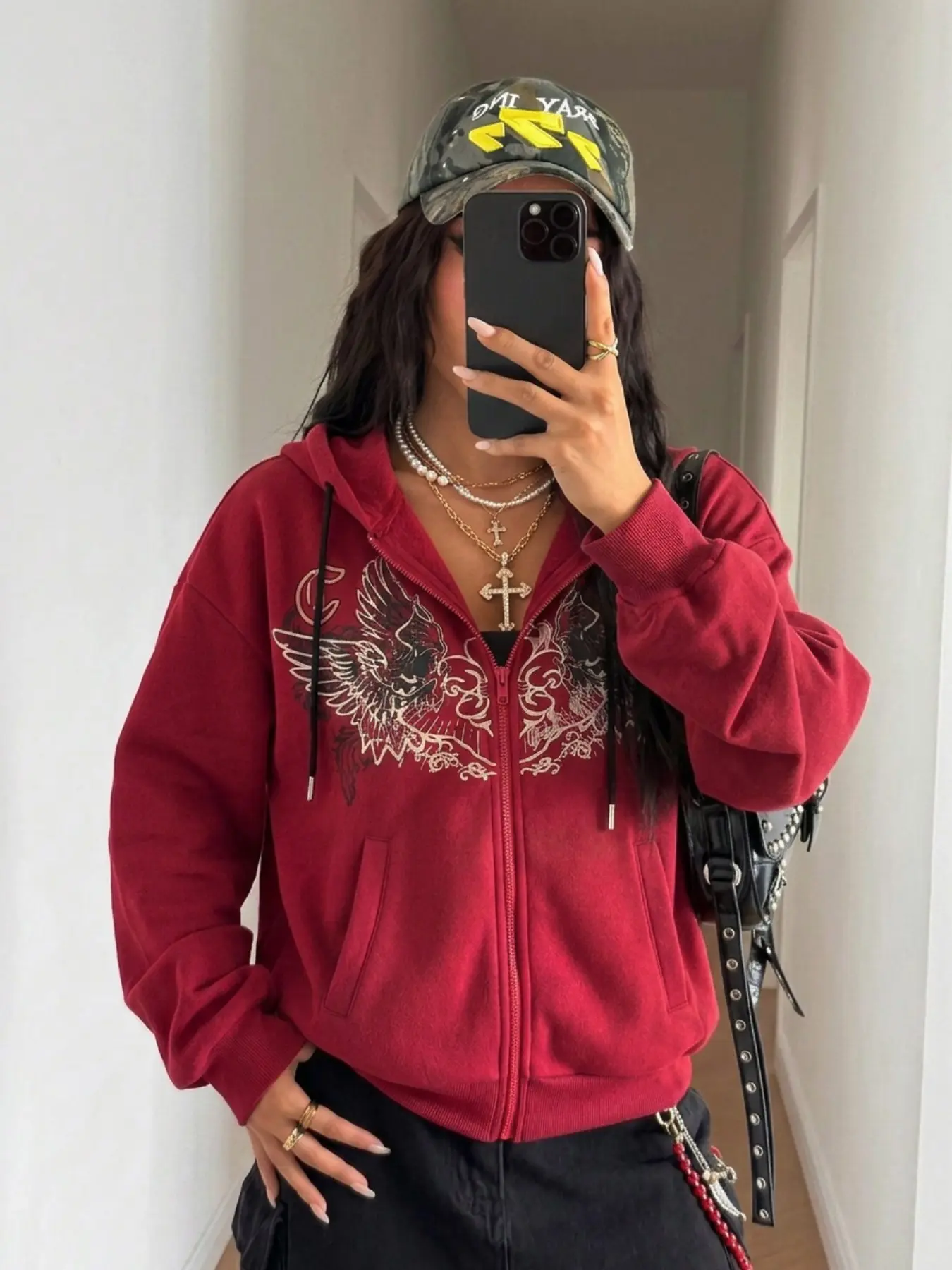 Vintage Angel Wings Print Zipper Hoodie, American Y2K Style, Loose Fit Open Front Jacket, Trendy Ladies Outerwear