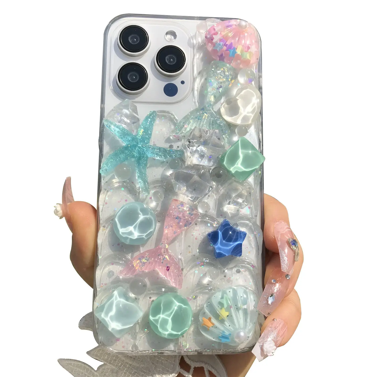 Handmade Phone Case for iPhone 17 16 15 14 13 12 11 Pro Max, Mermaid Seashell Iceberg Decorative Fashion Phone Case