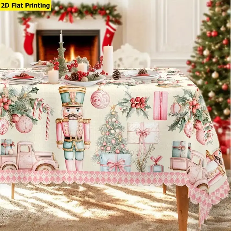 2D Flat Tablecloth Christmas Theme, Winter Snow Decor, Nutcracker Soldier, Christmas Tree & Gift Pattern, European Vintage Style