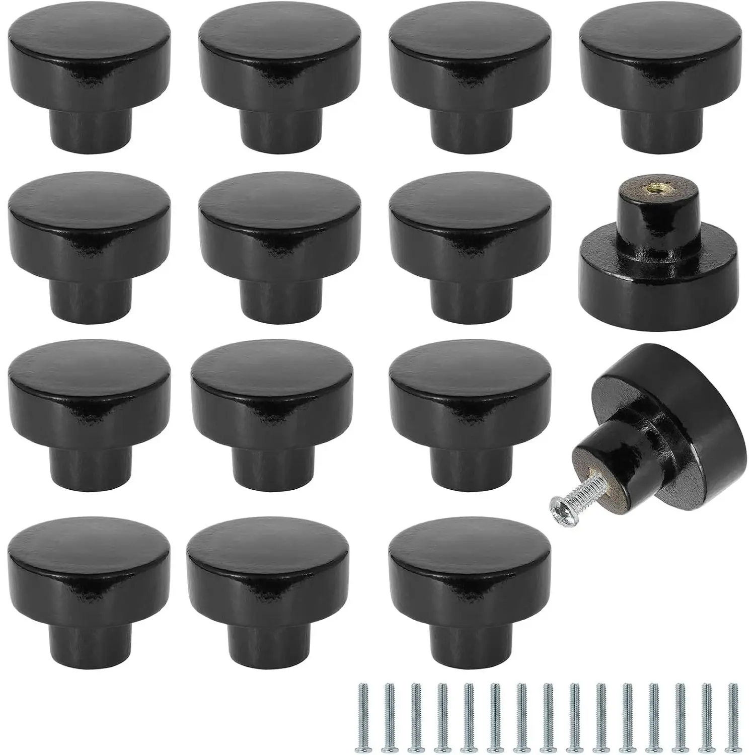 15 count Black  Knobs, Flat Top Round Cabinet Knobs  Drawer Pulls,  Wooden Cabinet Hardware for Furniture Drawer Dresser Wardrobe Cupboard - 1-1/4" Diameter