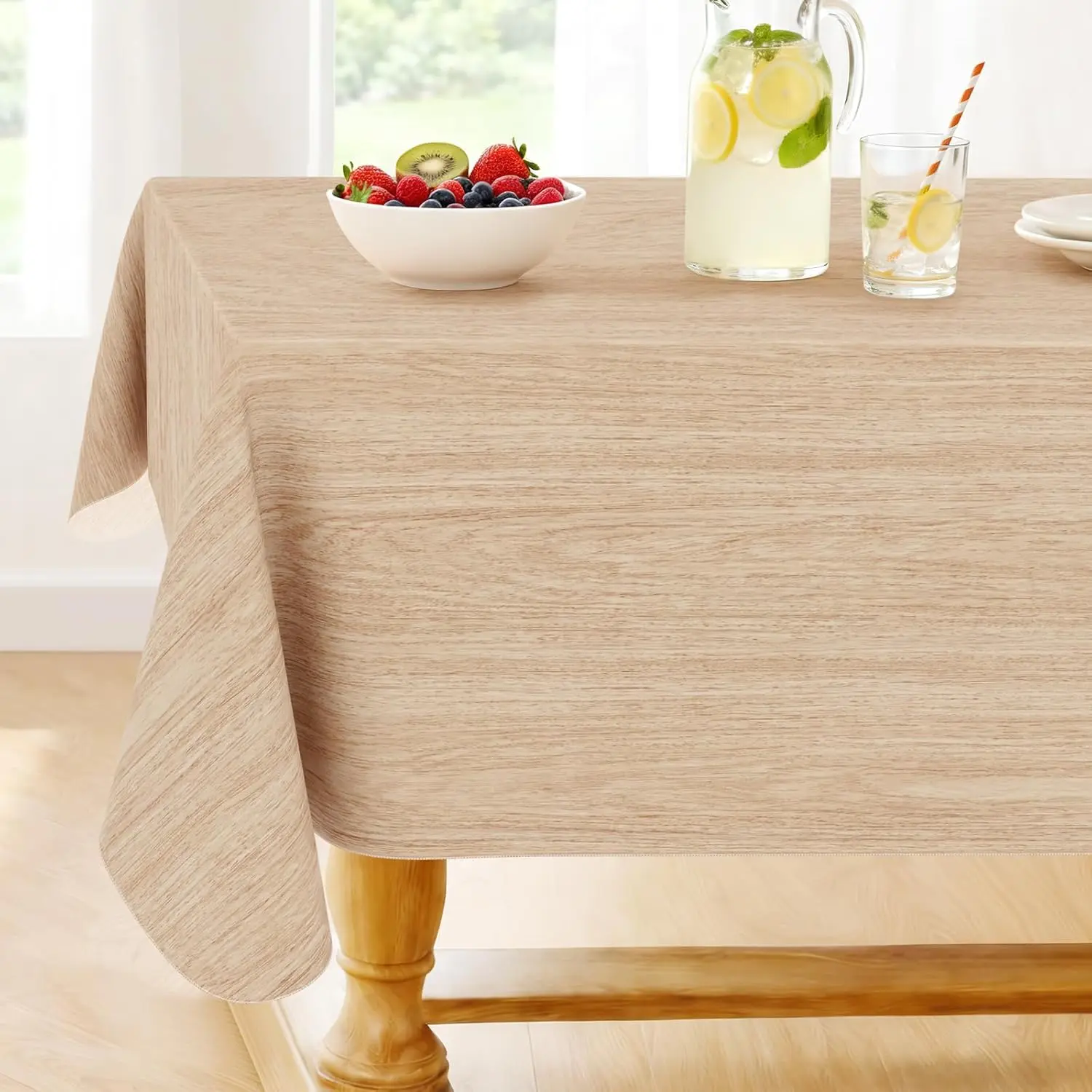 PVC Waterproof Vinyl Rectangle Tablecloth with Flannel Backing - Wipeable, Spillproof Wood Grain Cover (Aqua, Beige; 52"x70", 54"x54", 60"x84", 60"x102", 60" Round) for Pet-Friendly Food, Family Meals, Party, Camping Indoor Use