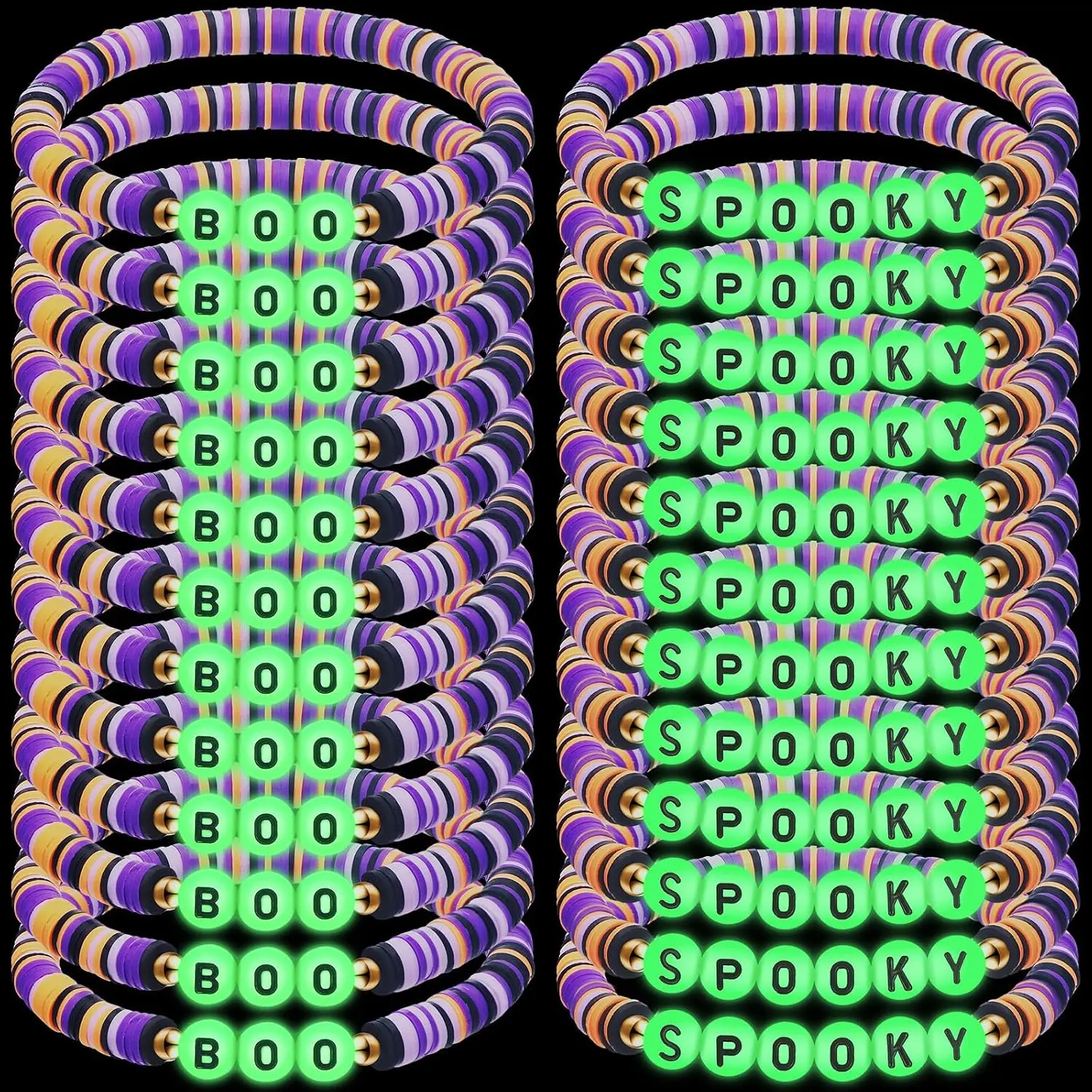 24 Pack Polymer Clay Bracelets for Women, Halloween Glow-in-the-Dark Beaded Bands with Stretch Fit, Spooky Lettered Party Favors