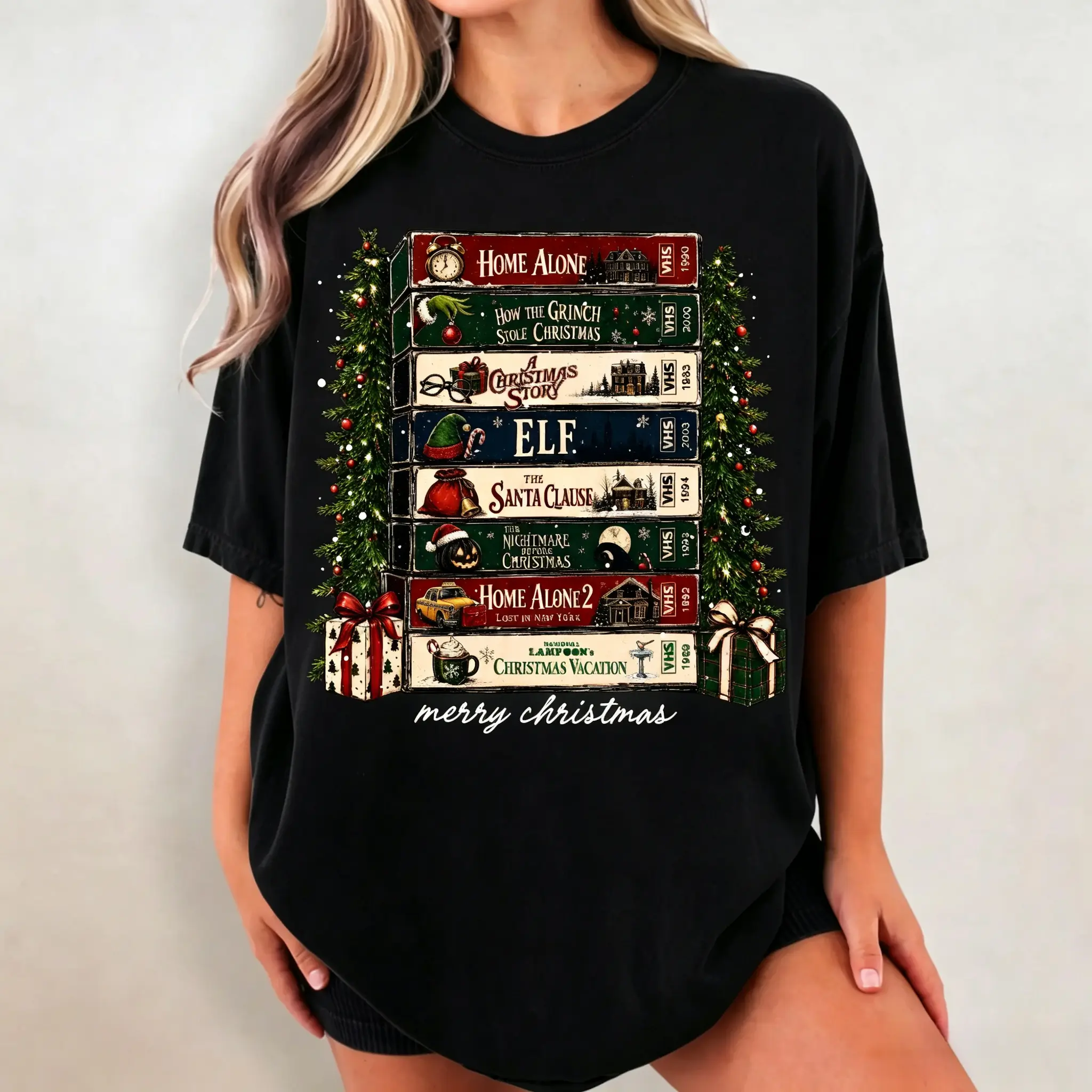 Christmas VHS Movies Shirt, Retro Holiday Graphic Tee, Vintage Christmas Movie T-Shirt, Cozy Festive Apparel, Funny Christmas Gift Clothes Cotton