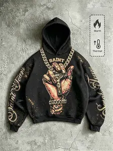 Retro Gold Chain Print Pattern Pullover Hoodie, Men's Y2K Warmth Hooded Jacket, Street Style Black Sports Hoodie
