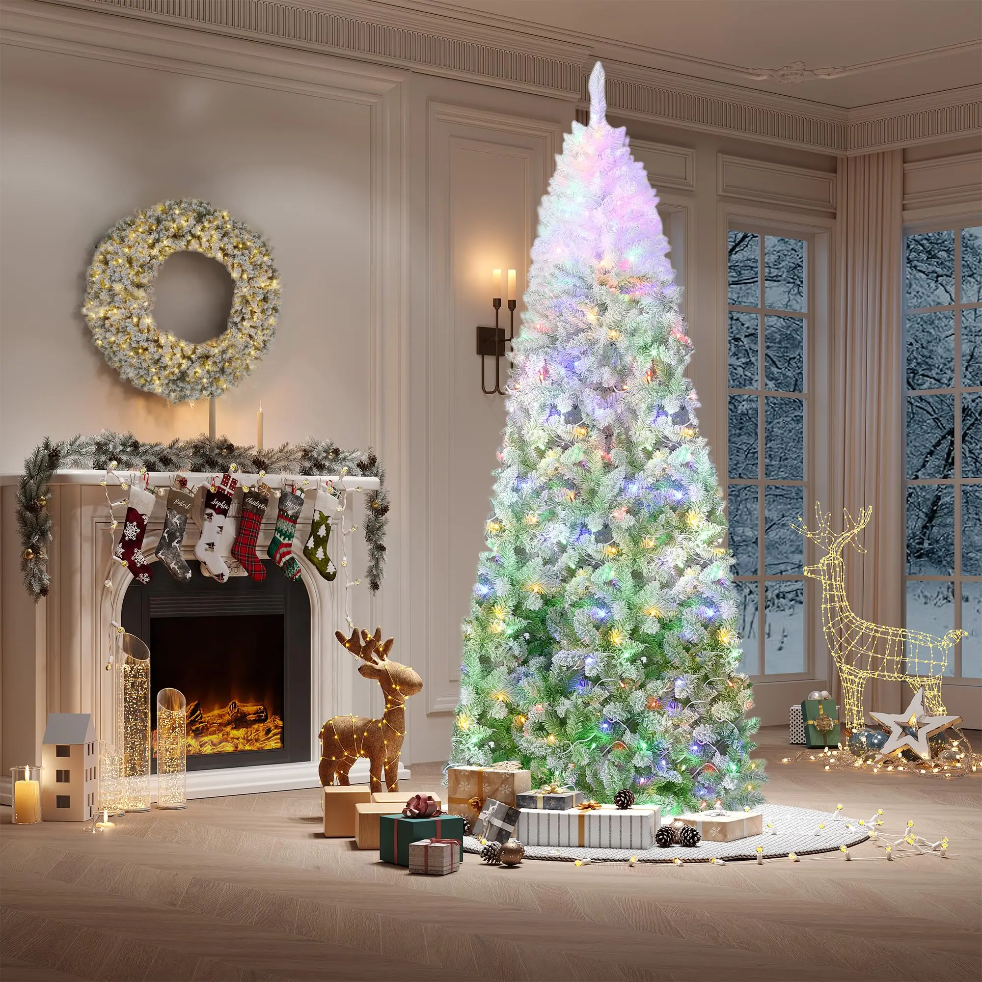Slim Gradient Snow Flocked Christmas Tree – 6FT Artificial Pencil Xmas Tree with Dual Color RGB & Warm White Lights – Skinny Holiday Decoration with Sturdy Metal Stand – Pink/Blue/Green