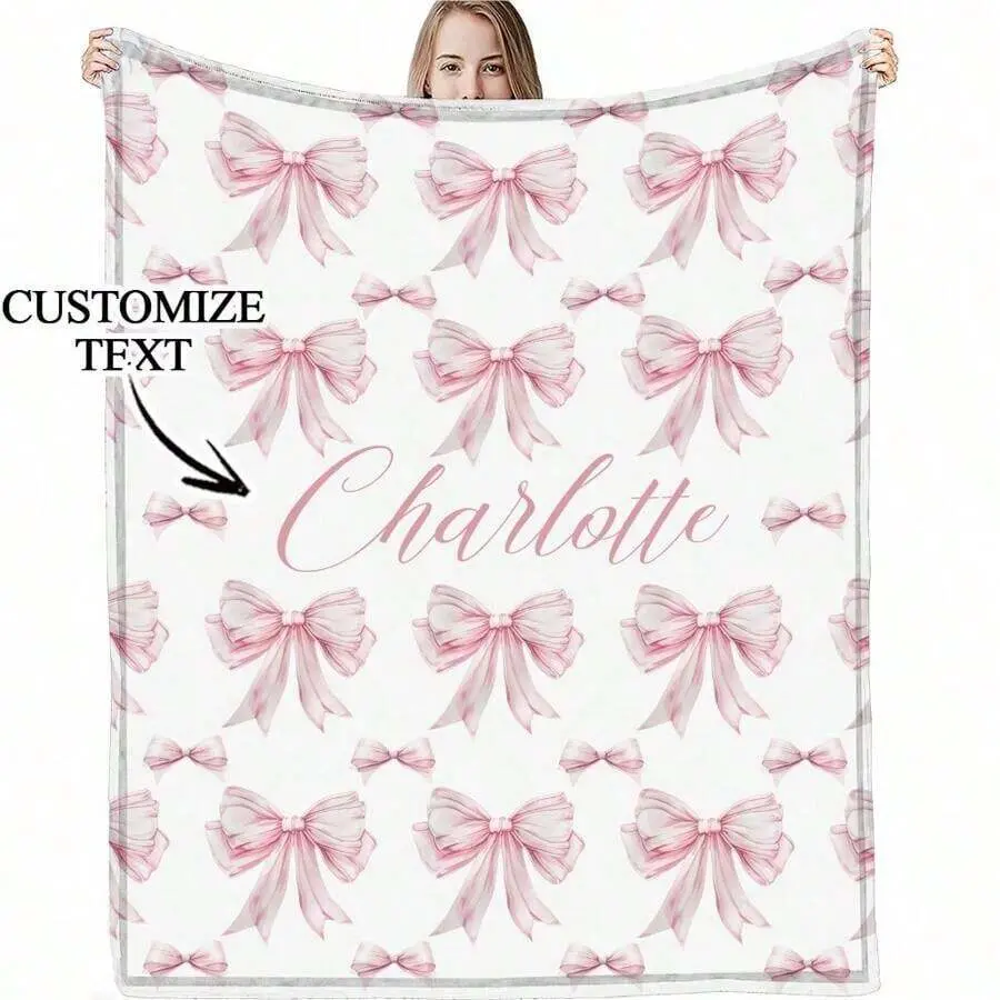 Custom Name Pink Bow Flannel Throw Blanket - Watercolor Butterfly Design, Soft Cozy Warm, Personalized Newborn Baby Girl Birthday Gift