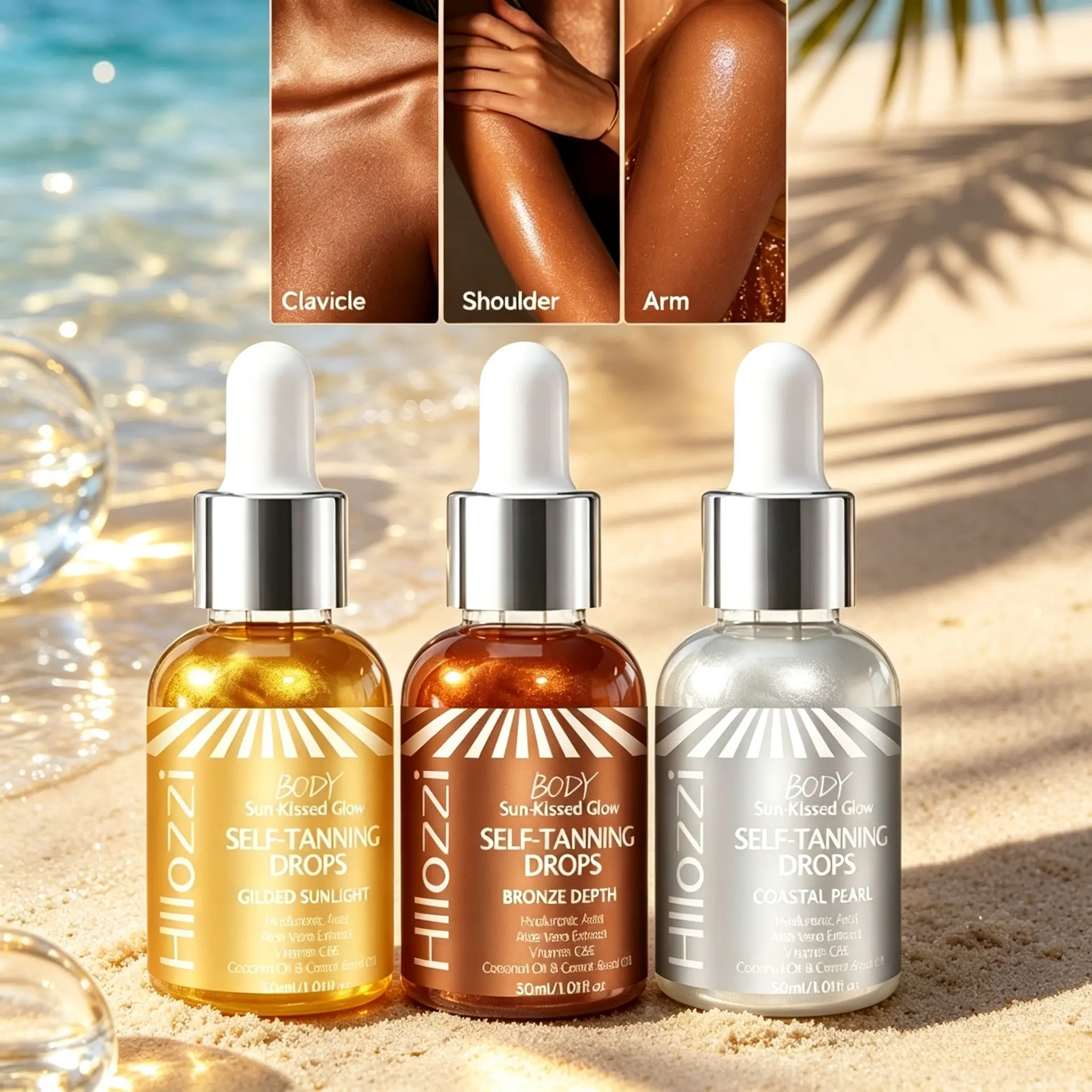 Universal gradual self-tan drops for all skin tones, dual nourishment from aloe vera and coconut oil. Light blendable texture for face & body, customizable light tan or deep bronze for glossy healthy sunless skin.